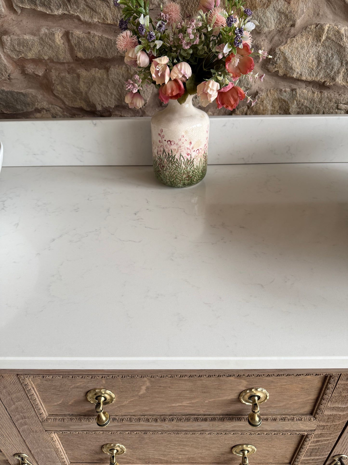 Vintage Solid Oak Double Vanity Sink, Carrara Quartz Top, Upstand and Two Basins