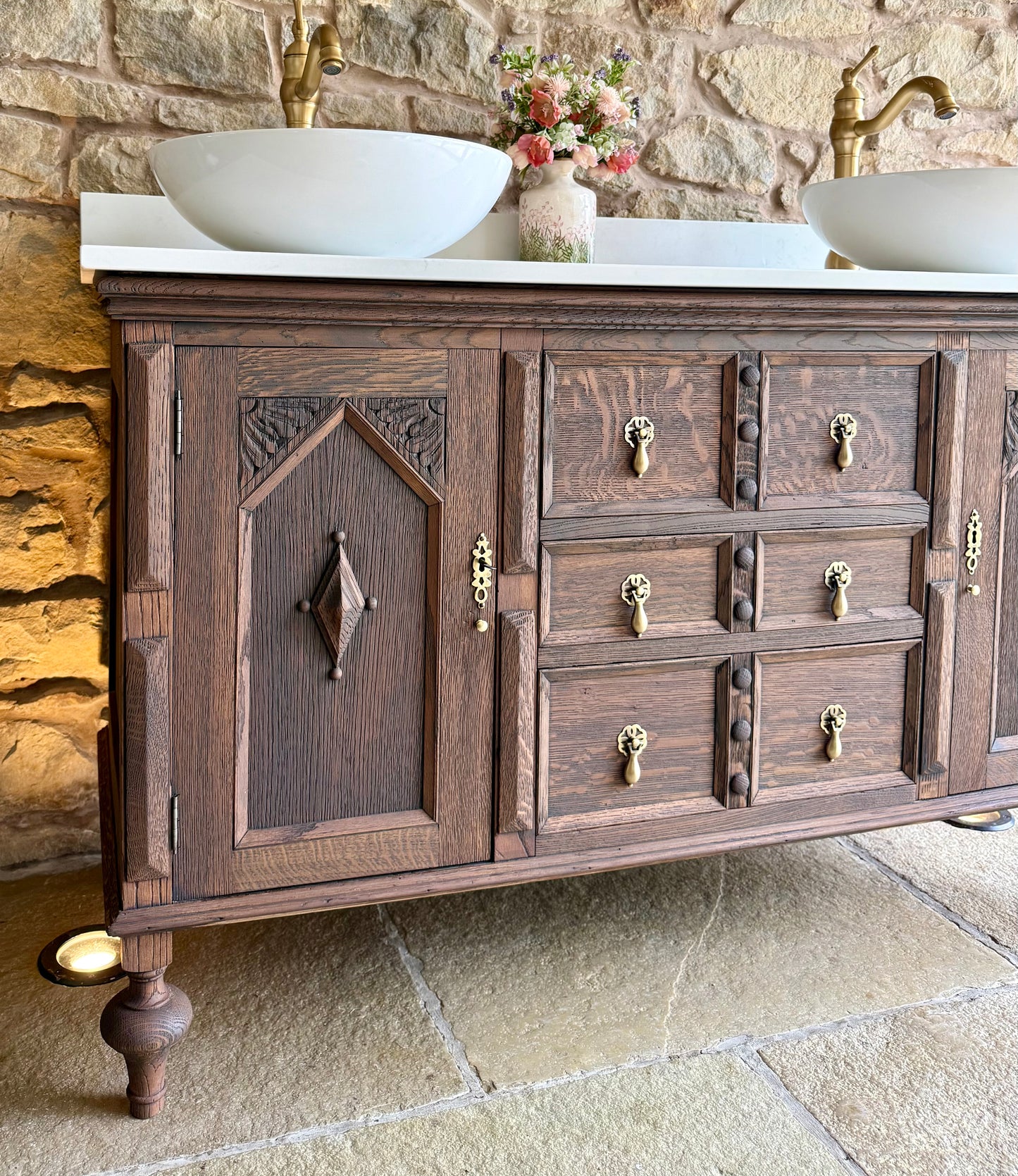 Classic Dark Oak Double Vanity Sink Unit, Quartz Top, Upstand and Two Basins (138cm wide)