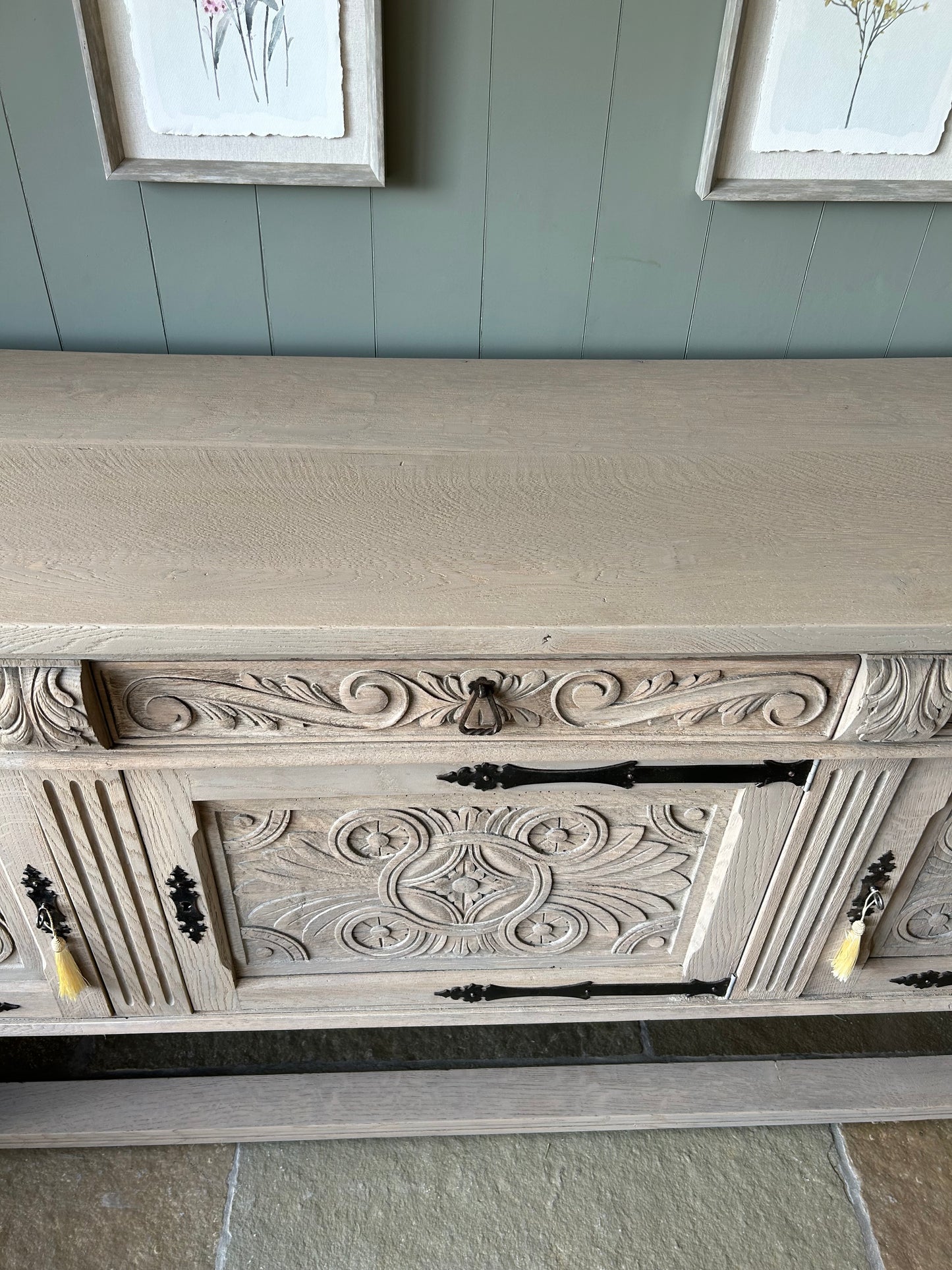 Large Ornate Carved Rustic Antique Sideboard.