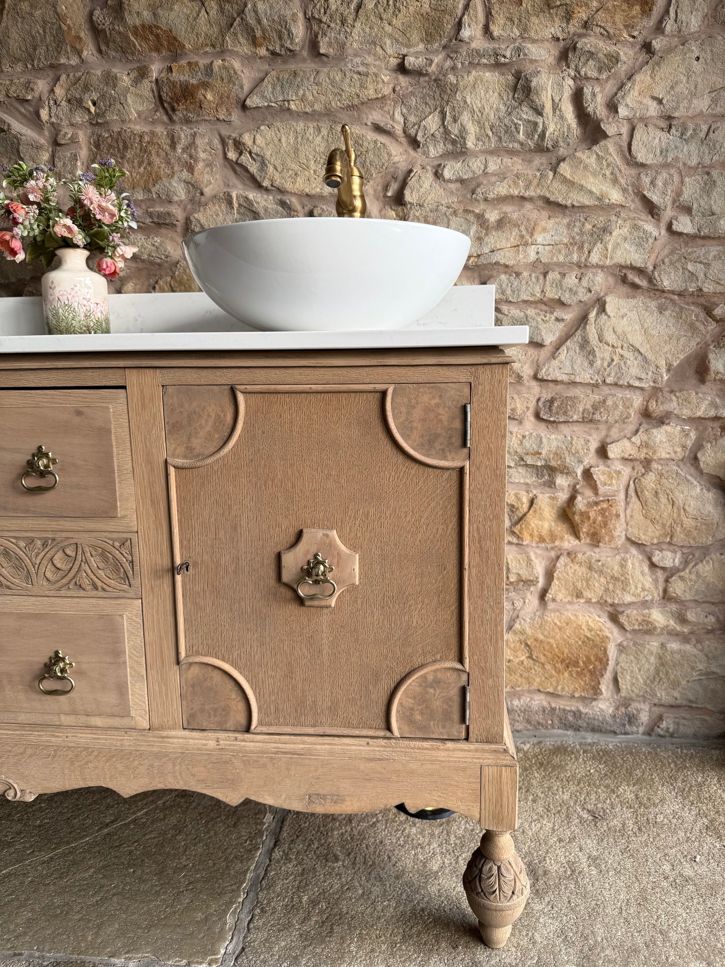 Vintage Oak (walnut inlay) Double Vanity Sink Unit, Carrara Quartz Top, Upstand and two basins. (152cm wide)