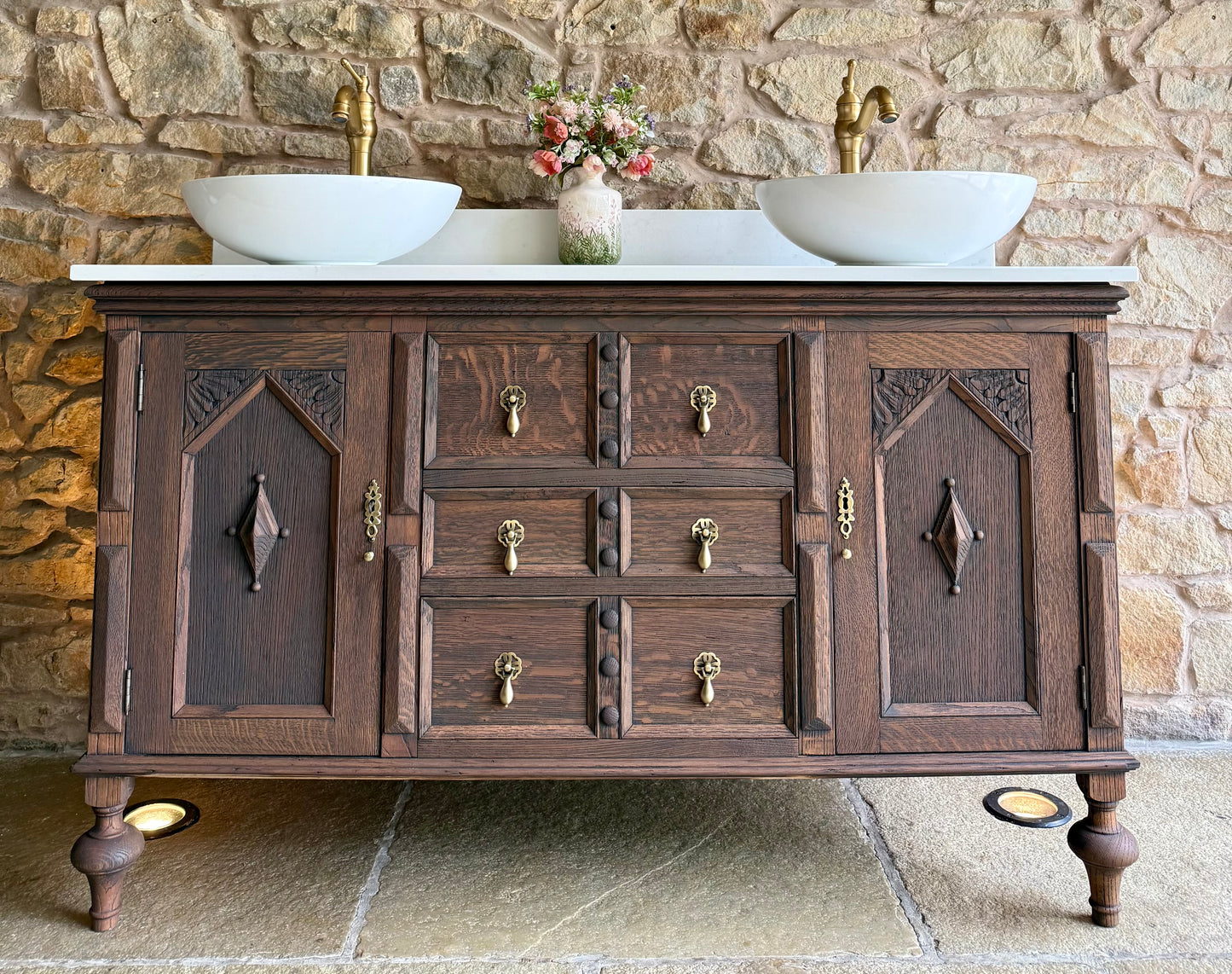 Classic Dark Oak Double Vanity Sink Unit, Quartz Top, Upstand and Two Basins (138cm wide)