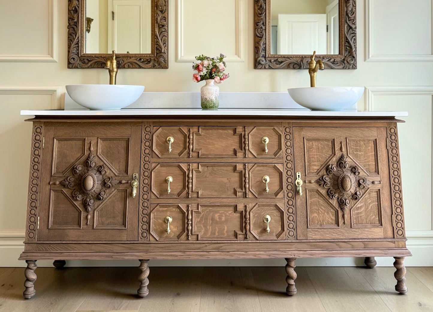 Large Carved Antique Solid Oak Vanity Sink Unit, Carrara Quartz Top, Upstand and TwoBasins.(182 cm wide)