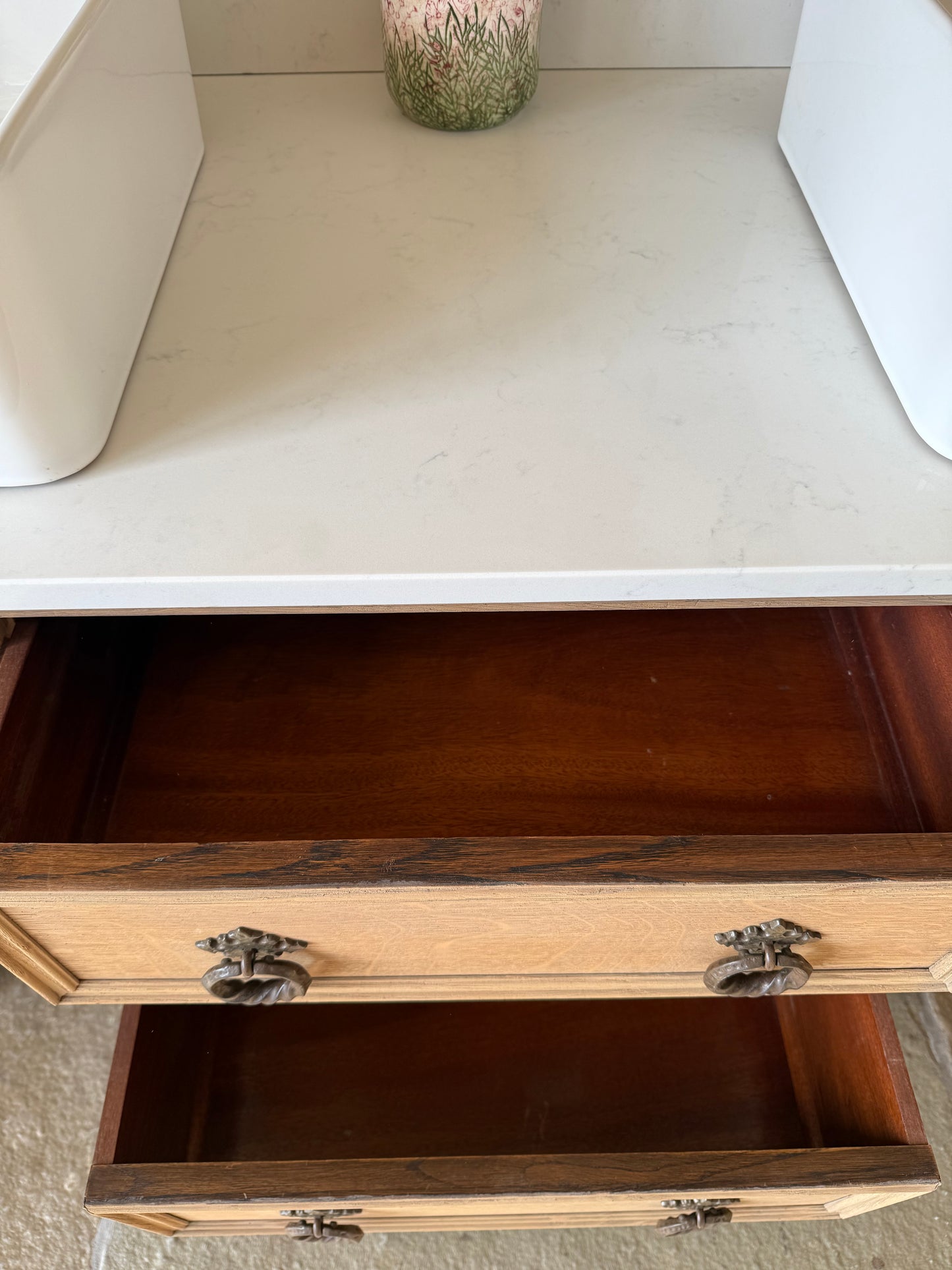 Pretty Carved Oak Vintage Vanity Sink Unit, Carrara Quartz top, Upstand and two basins (can be rectangular or circular basins) 154cm Wide