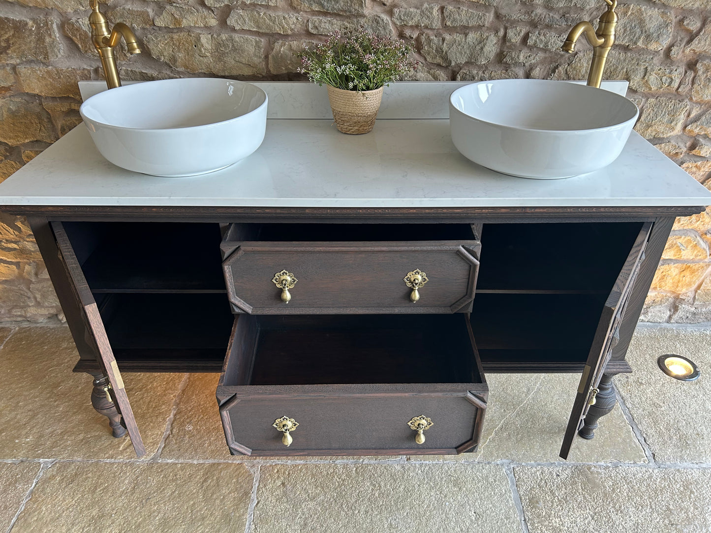 Classic Dark Solid Oak Double Vanity with Quartz top, Upstand and basins. (154cm wide)