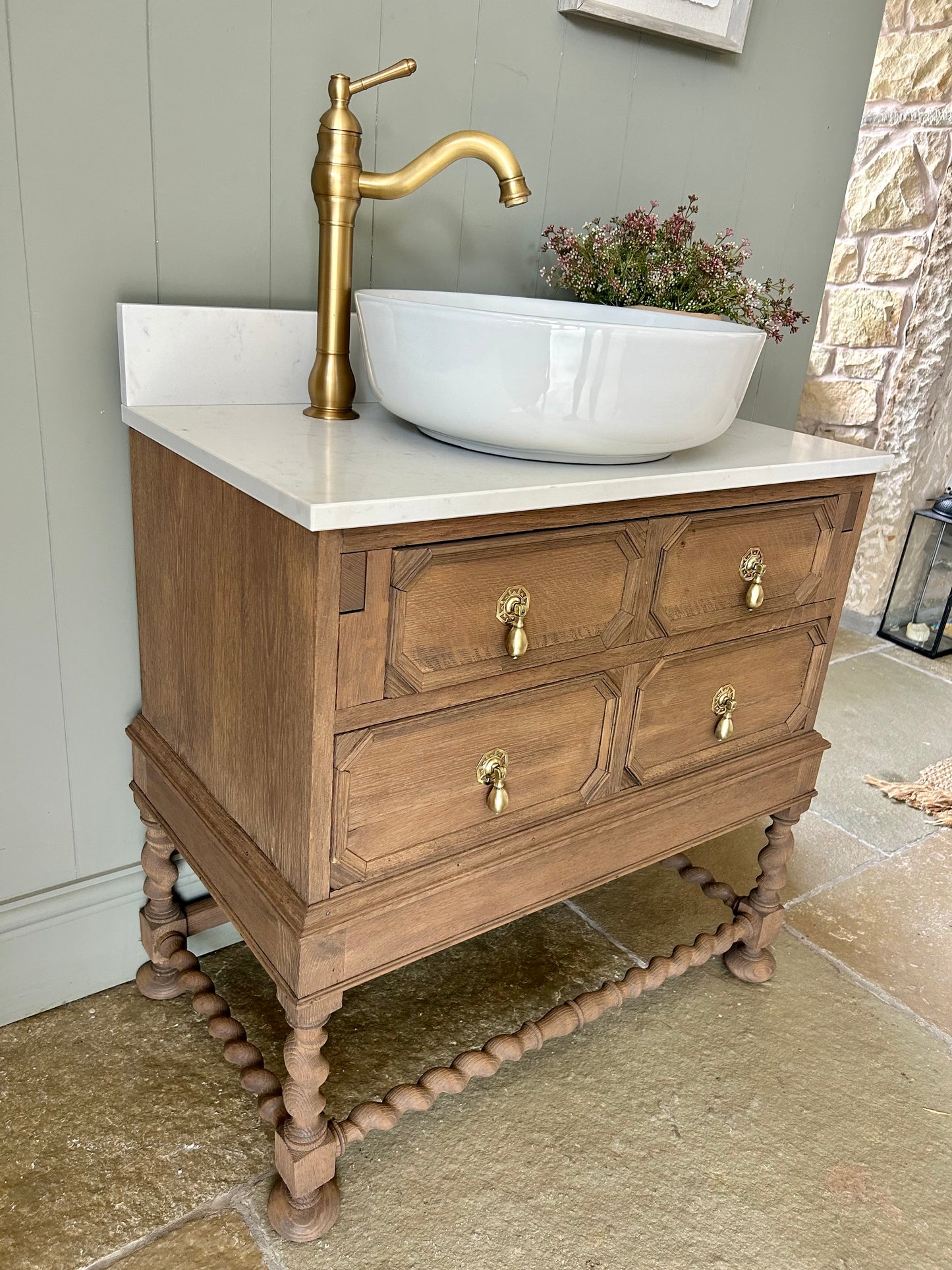 Vintage SolidOak Vanity Sink, Carrara Quartz top, Upstand and countertop basin. (76cm wide)
