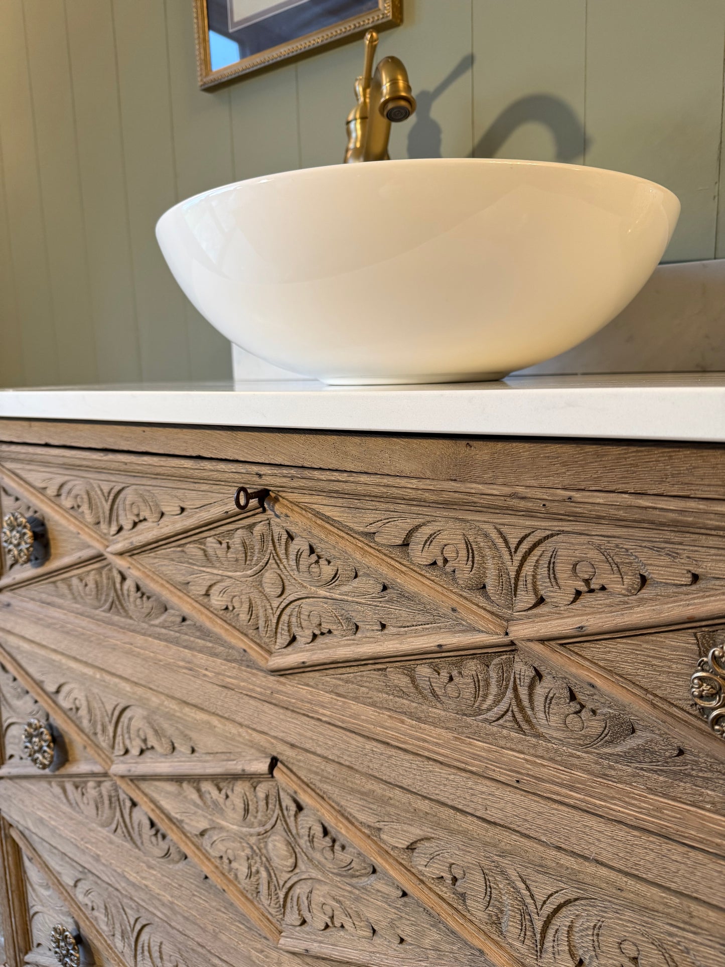 Antique Carved Oak Vanity Sink, Quartz top, Upstand and Basin. (88cm wide)