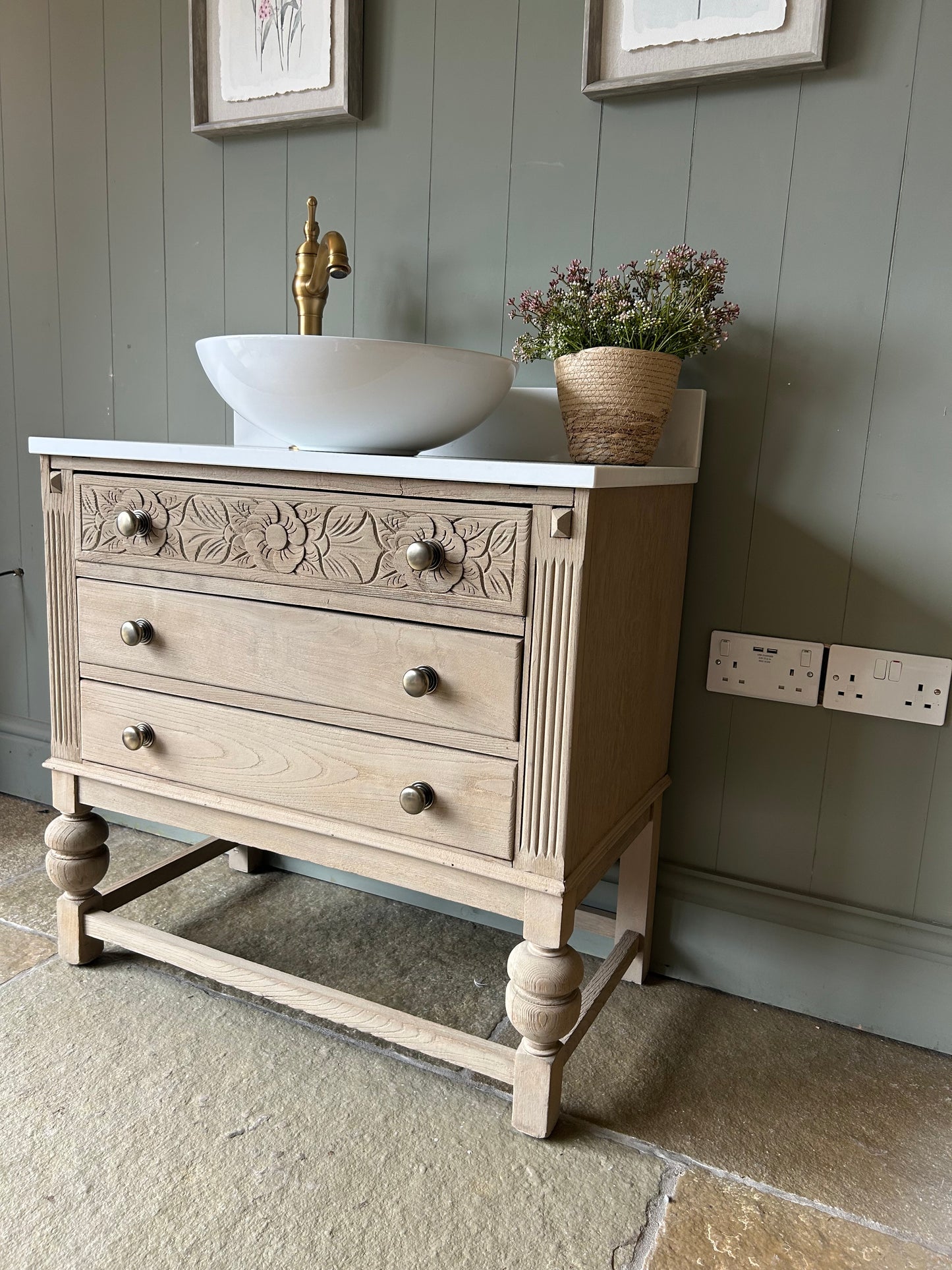 Vintage Oak Vanity Sink with quartz top, basin and Upstand 77cm wide