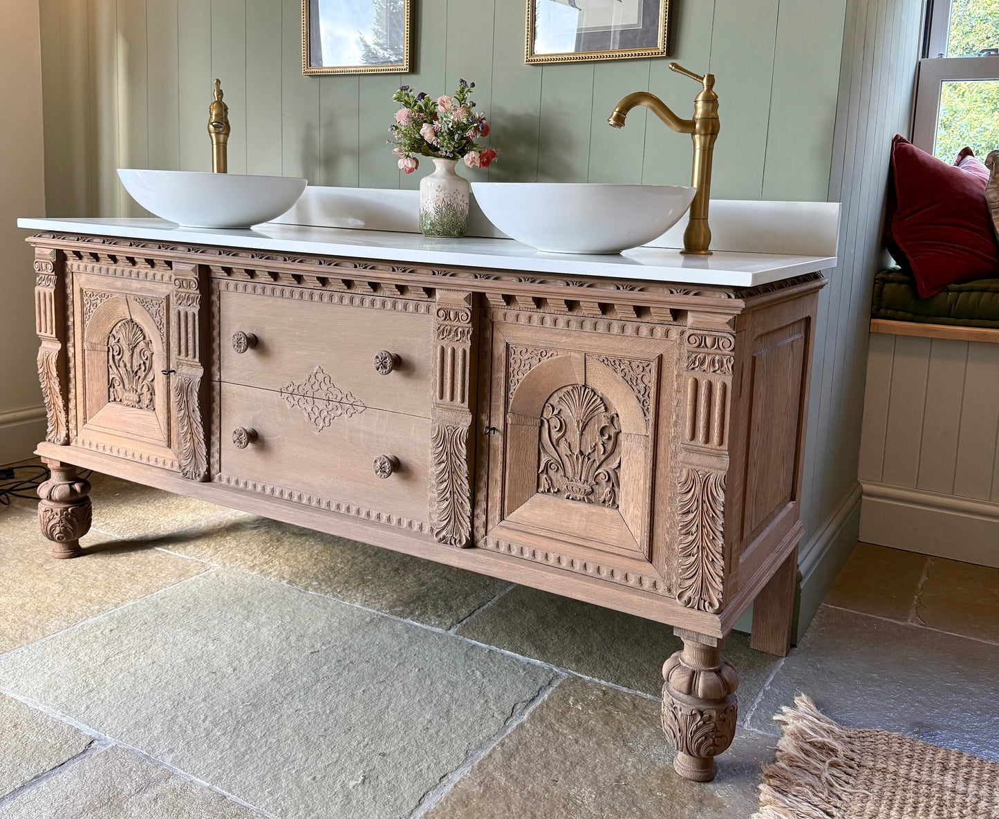 Large Antique Solid Oak Vanity Sink, Carrara Quartz top, Upstand and two basins. (168cm wide)