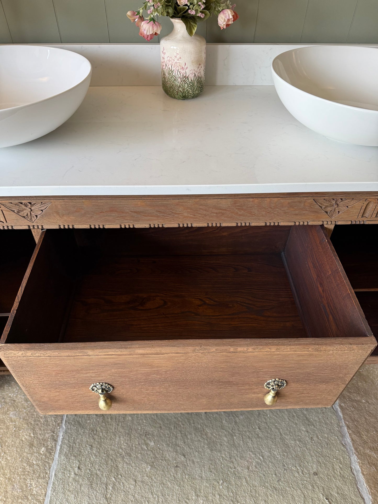 Large Double Vanity Sink, Carrara Quartz top, Upstand and two basins. (154cm wide)