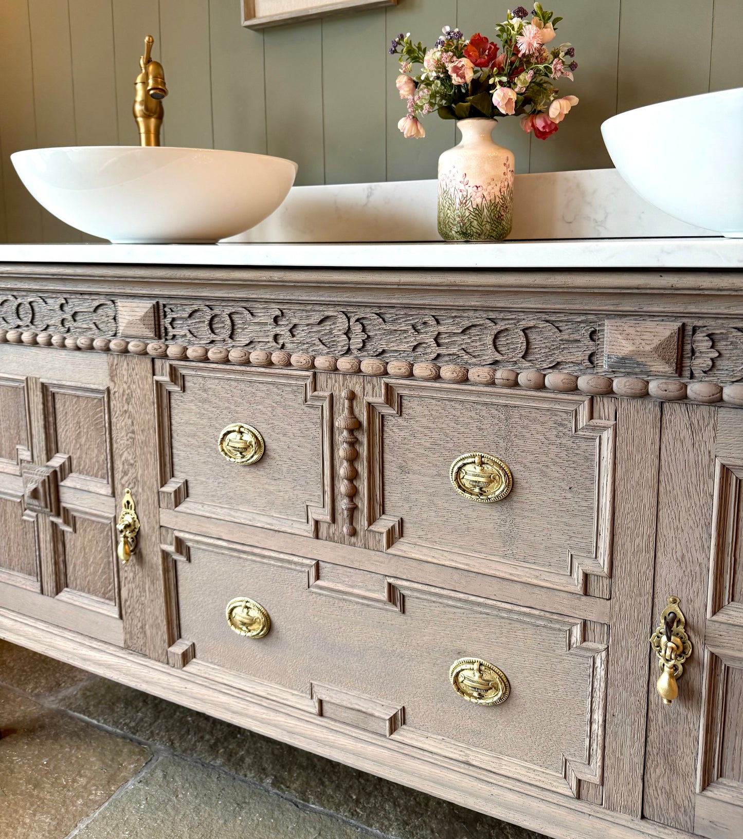 Large Vintage Light Solid Oak Vanity Sink, Carrara Quartz top, Upstand and two basins. (153cm wide)