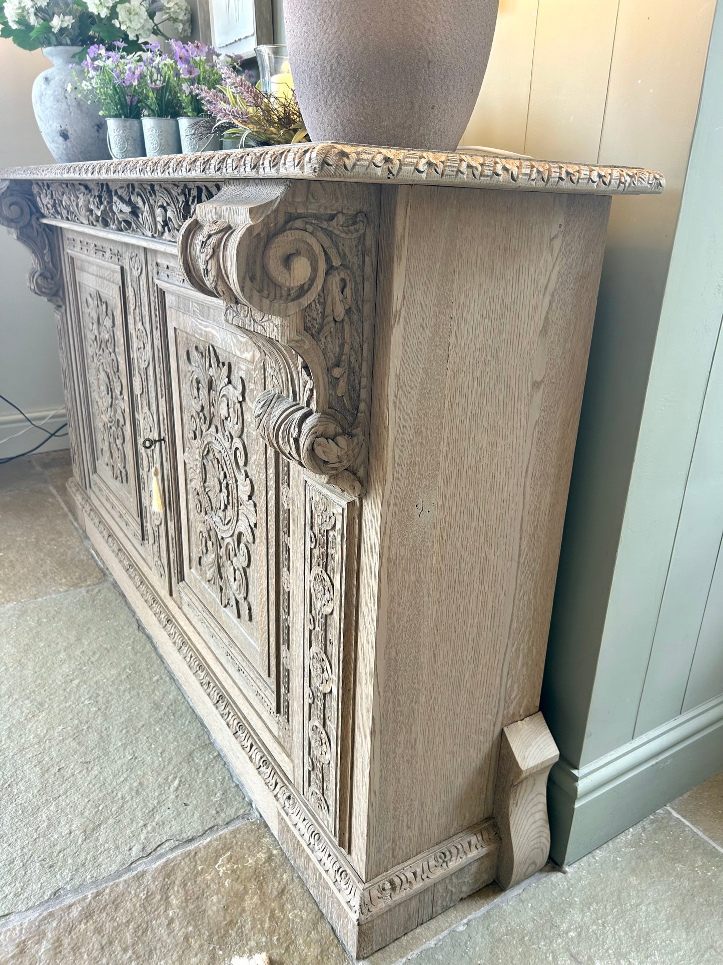 Ornate antique Sideboard Console Solid Oak finished in a light weathered oak style.