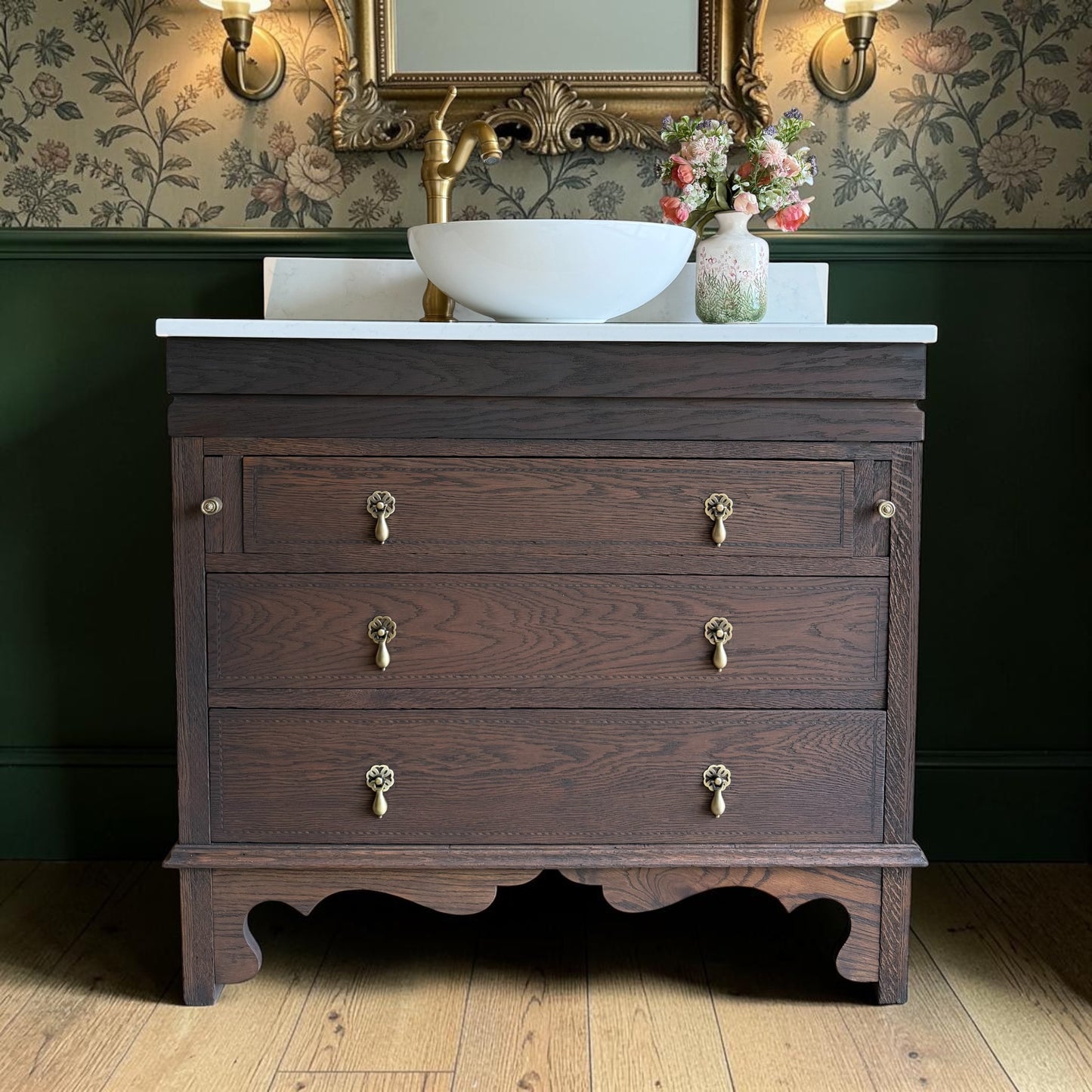 Vintage Solid Oak Vanity Sink Unit, Carrara Quartz Top, Upstand and Basin (94cm wide)