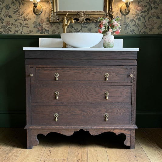 Vintage Solid Oak Vanity Sink Unit, Carrara Quartz Top, Upstand and Basin (94cm wide)