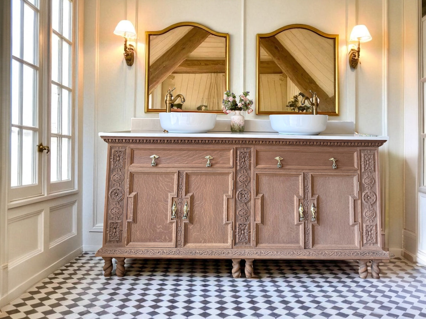 Large Mid Solid Oak Double Vanity Sink, Quartz top, Upstand and two basins. ( 185cm wide)