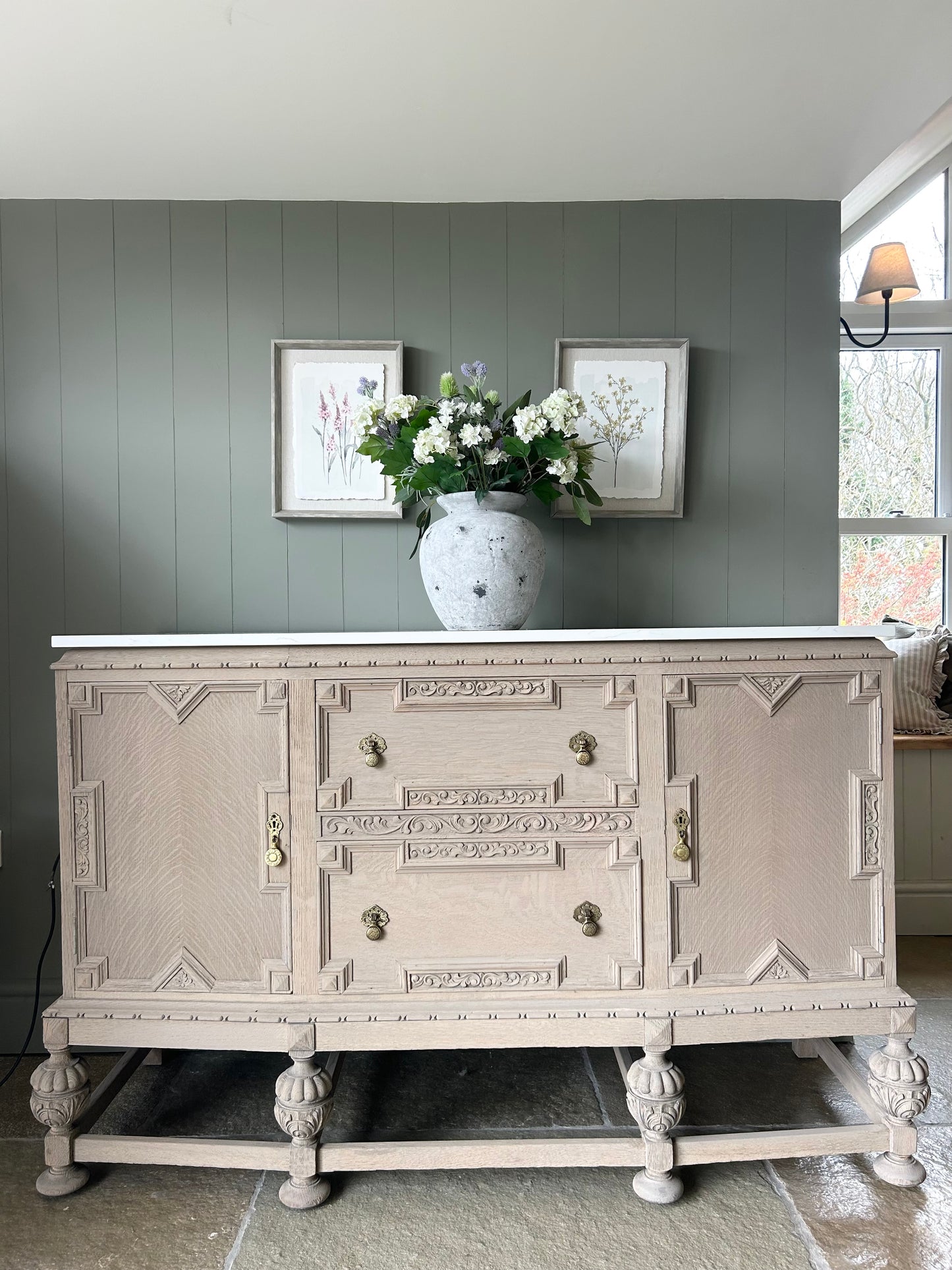 Vintage Rustic Oak Ornate Carved Sideboard with Quartz Top