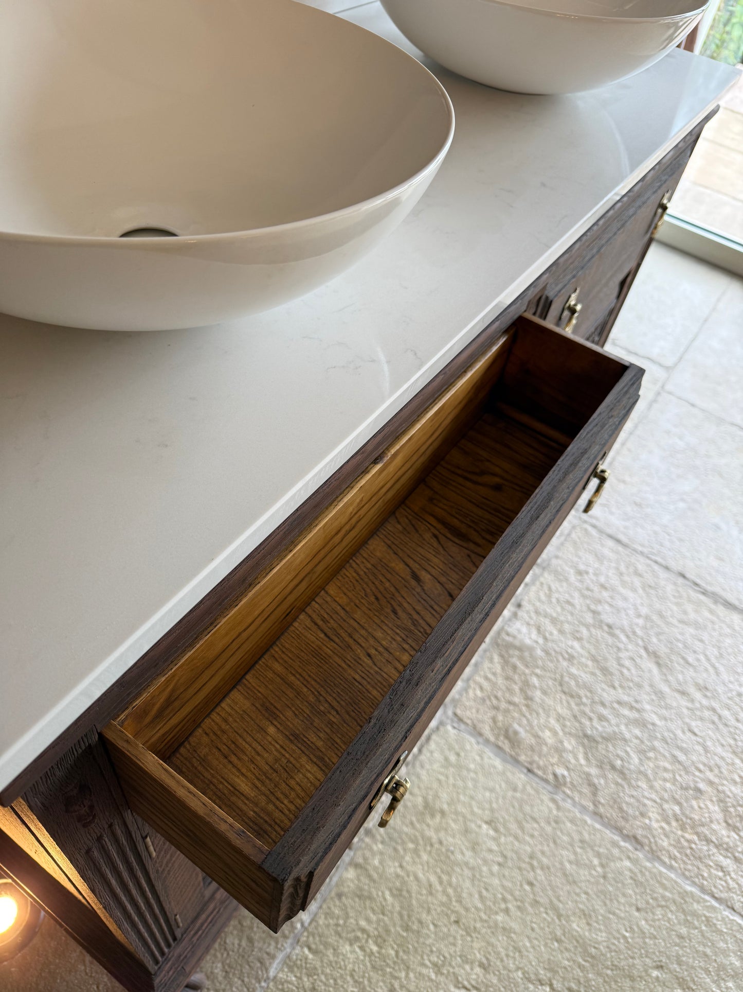 Vintage Ornate Solid Oak Double Or Single Vanity Sink Unit, Carrara Quartz Top, Upstand and two basins (126cm wide)