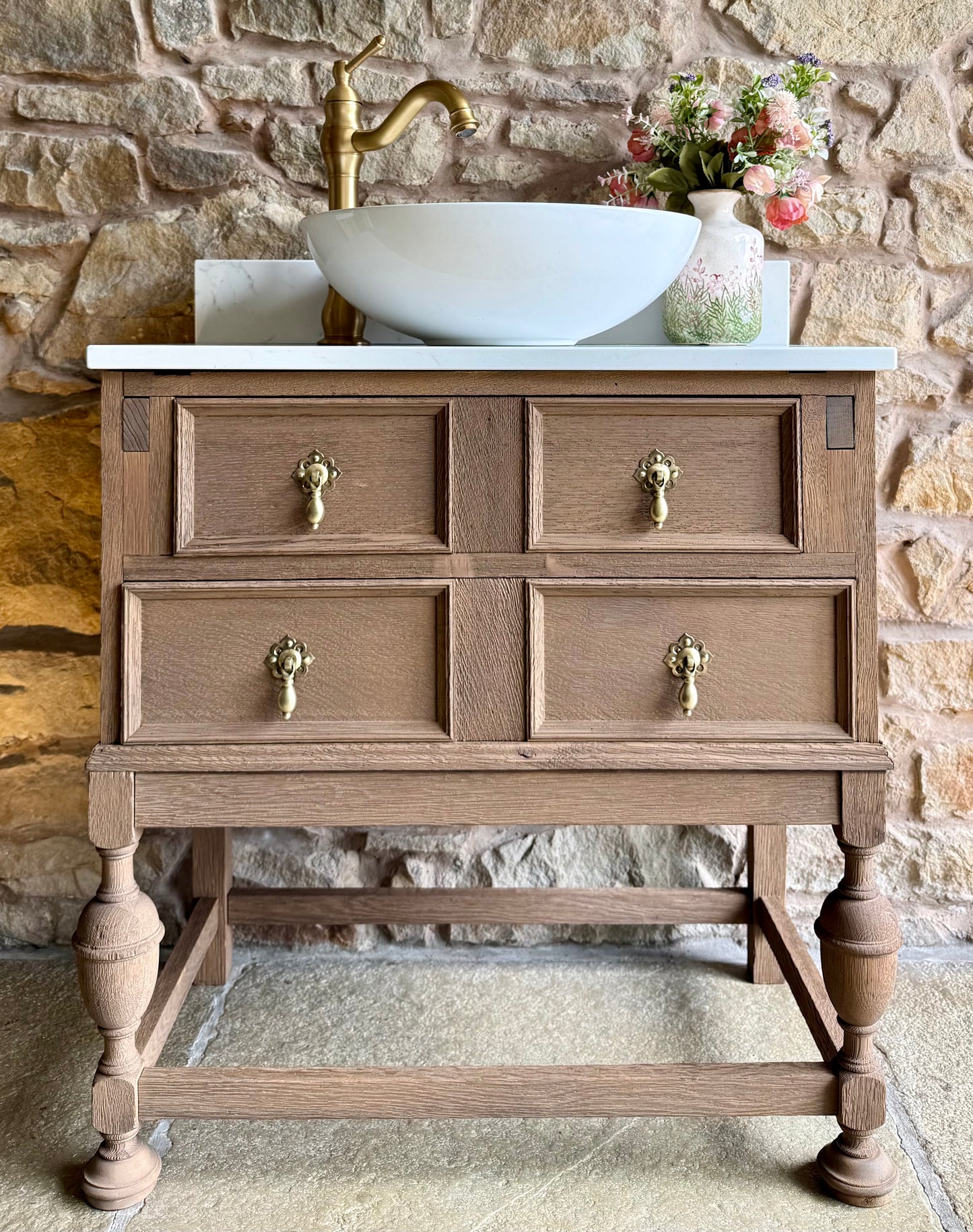 Small Vintage Oak Vanity Sink Unit, Carrara Quartz Top, Upstand and basin (71cm wide)