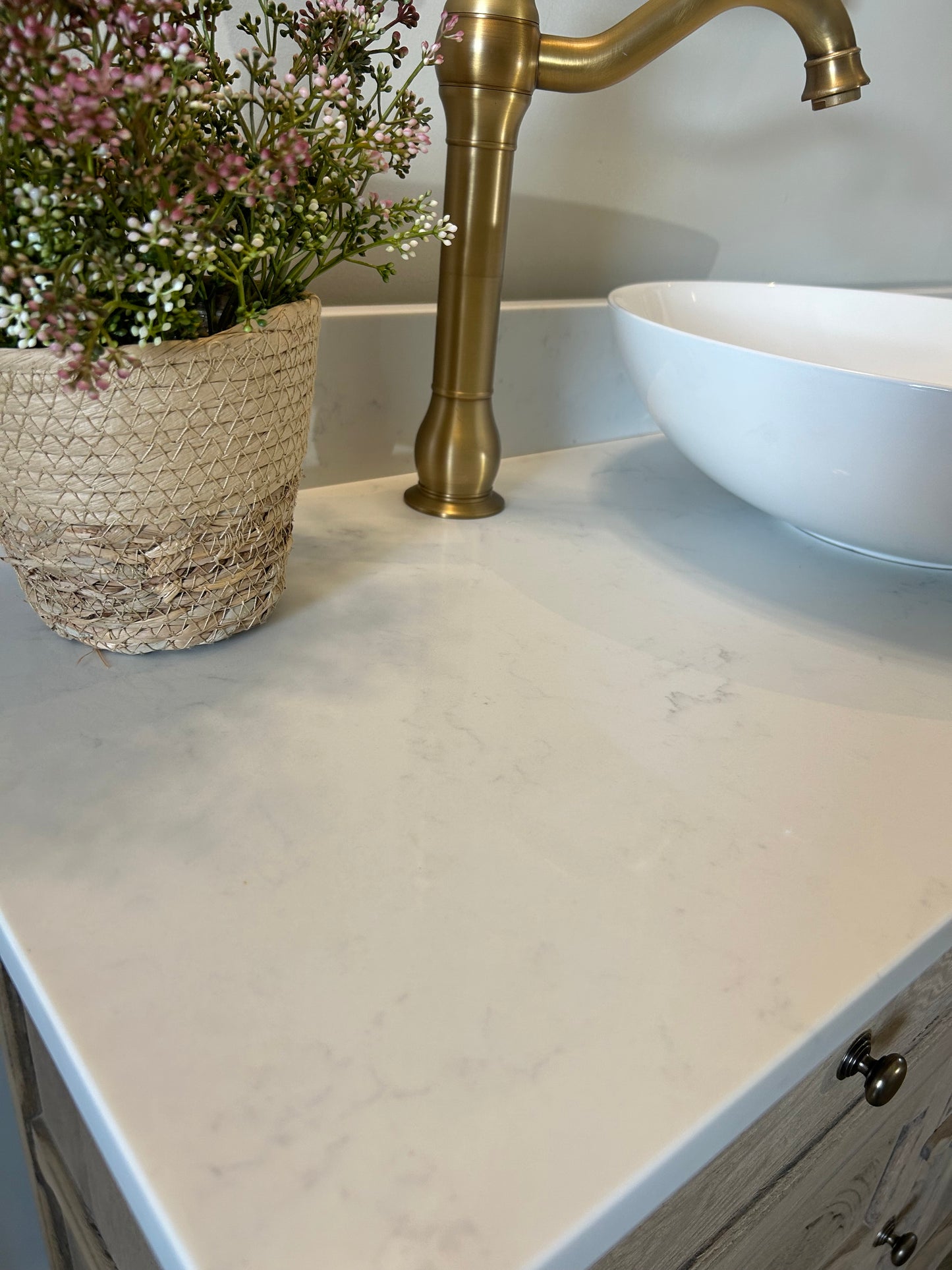 Large Single Oak Vanity Sink 109cm wide, quartz top, basin and Upstand