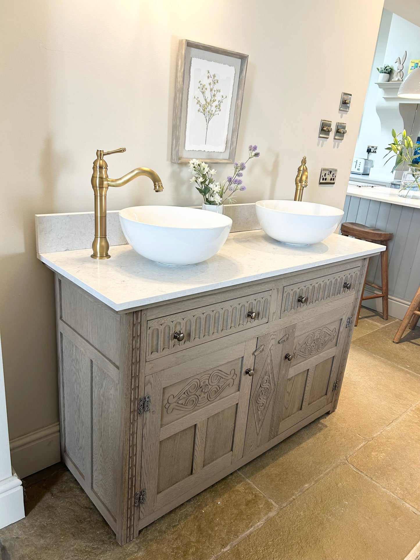 Large Rustic Vintage Double Vanity with Quartz top.