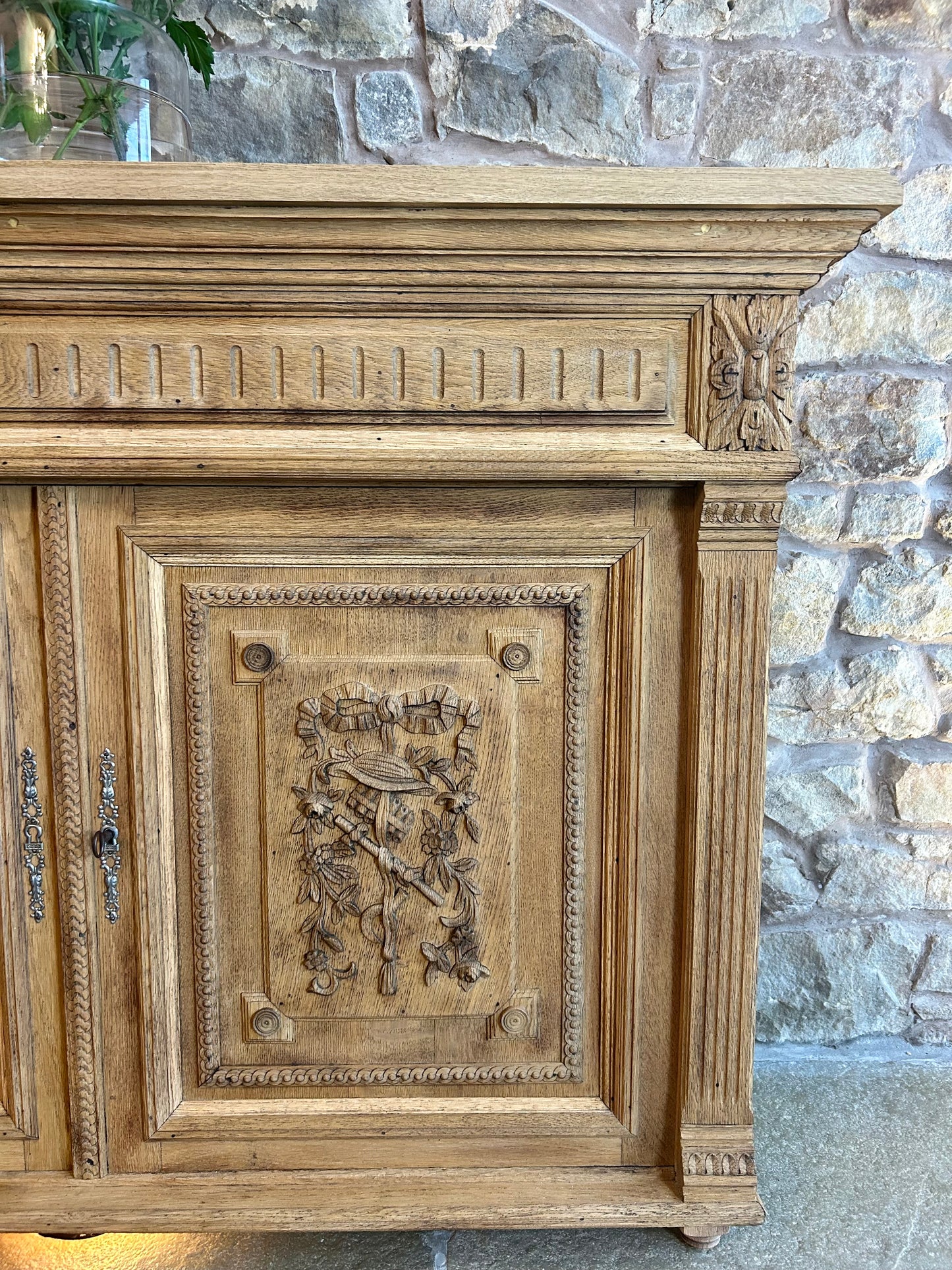 Rustic Solid Oak Narrow Sideboard with pretty Musical and Floral Carvings