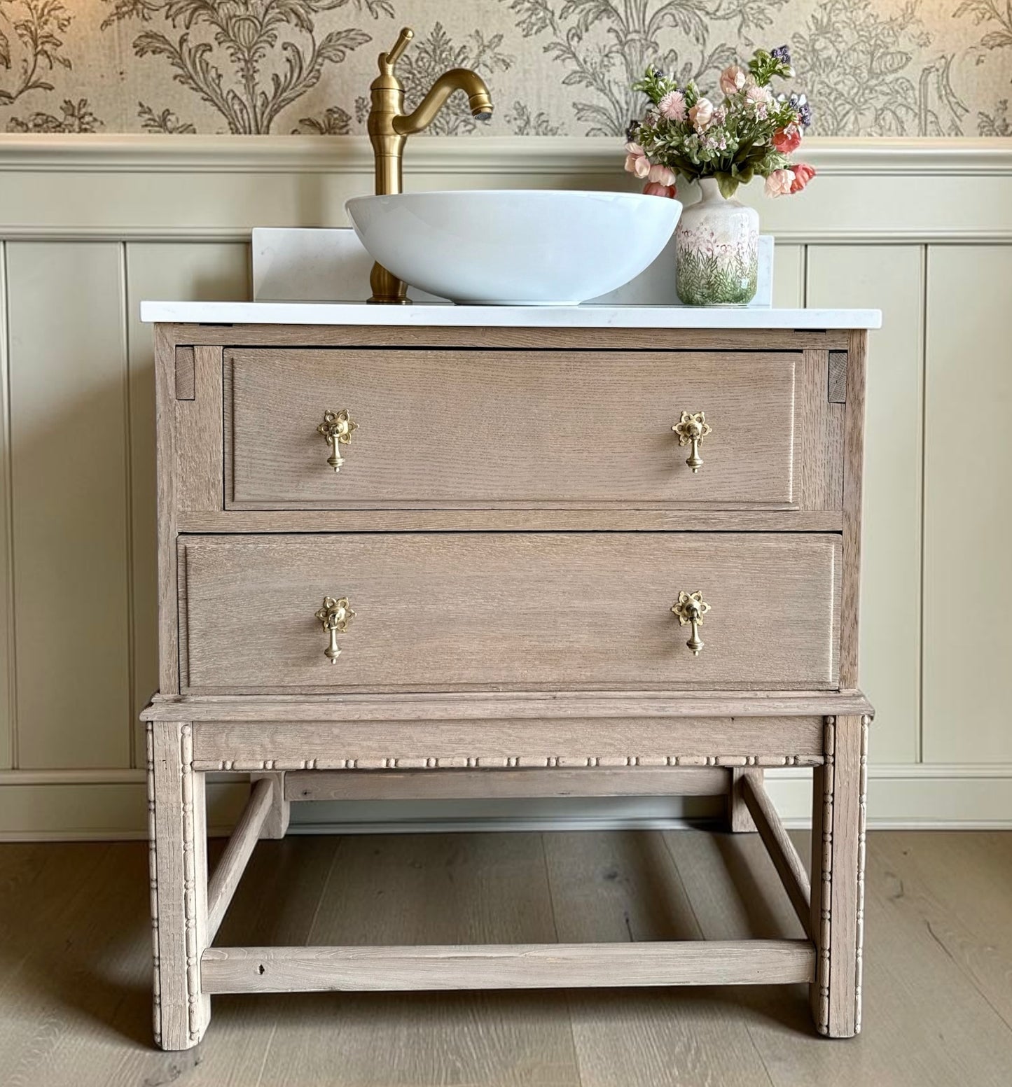 Small Vintage Oak Vanity Sink, Quartz Top, Upstand and Basin (75cm wide)