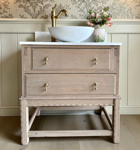Small Vintage Oak Vanity Sink, Quartz Top, Upstand and Basin (75cm wide)