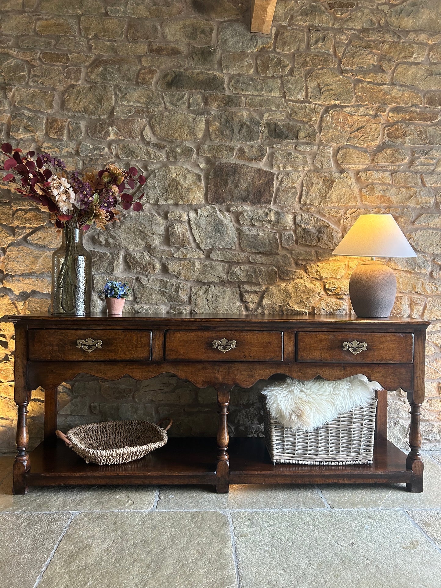 Antique Rustic Dark Solid Oak console table