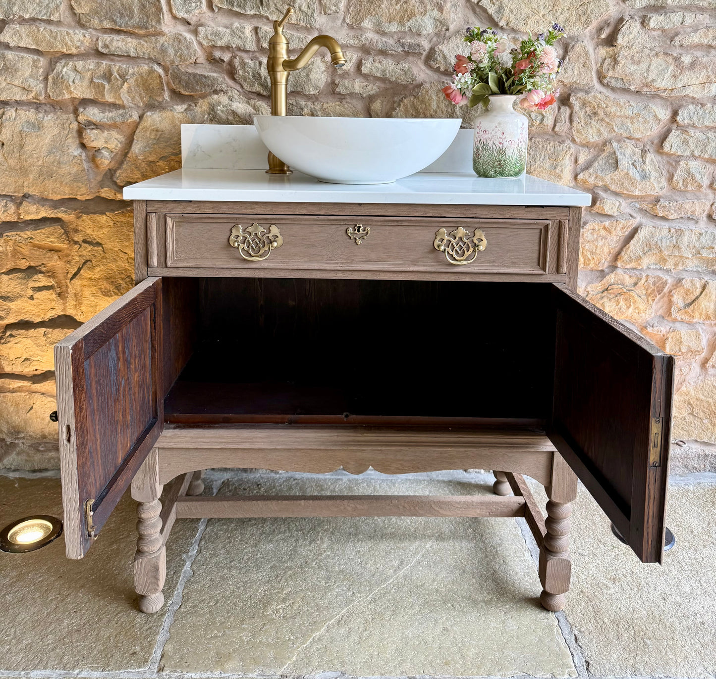 Solid Oak Vintage Vanity Sink Unit, Quartz Top, Upstand and Basin. (79cm wide)