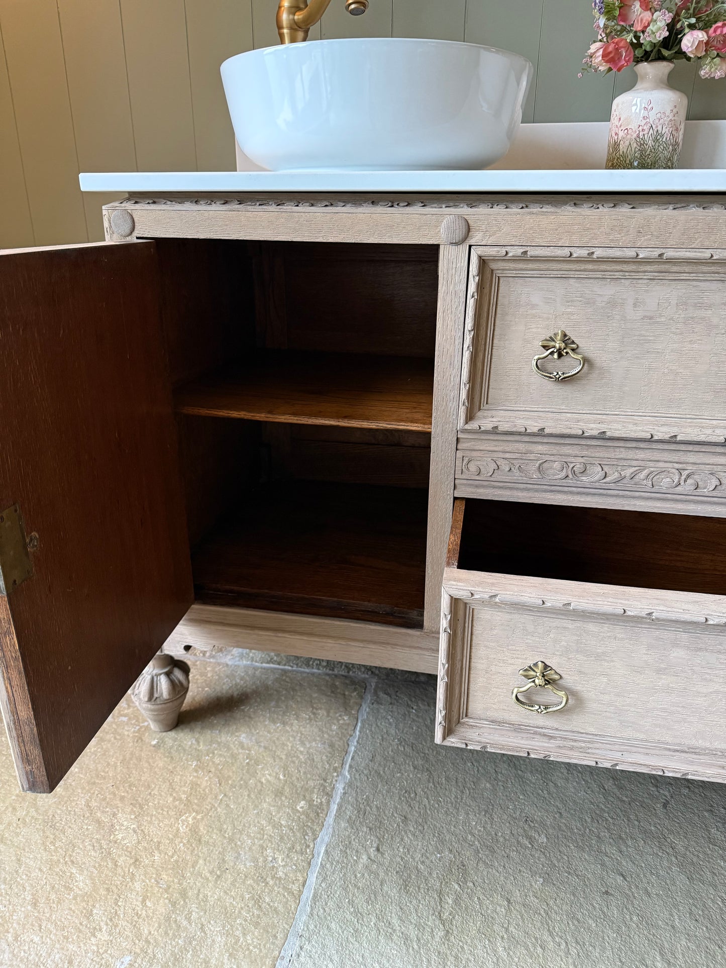 Pretty Solid Oak Double Vanity Sink Unit finished in a light weathered oak, Carrara Quartz top, Upstand and two basins. ( 148cm wide)