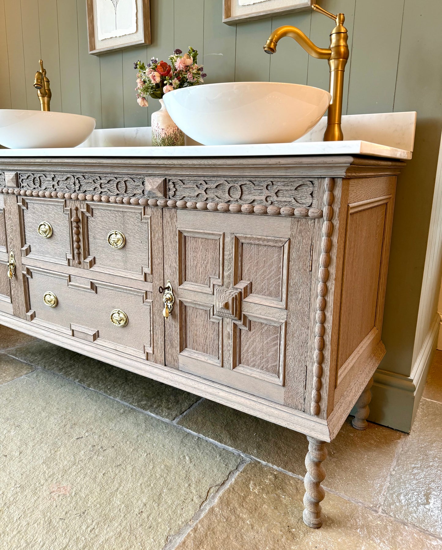 Large Vintage Light Solid Oak Vanity Sink, Carrara Quartz top, Upstand and two basins. (153cm wide)