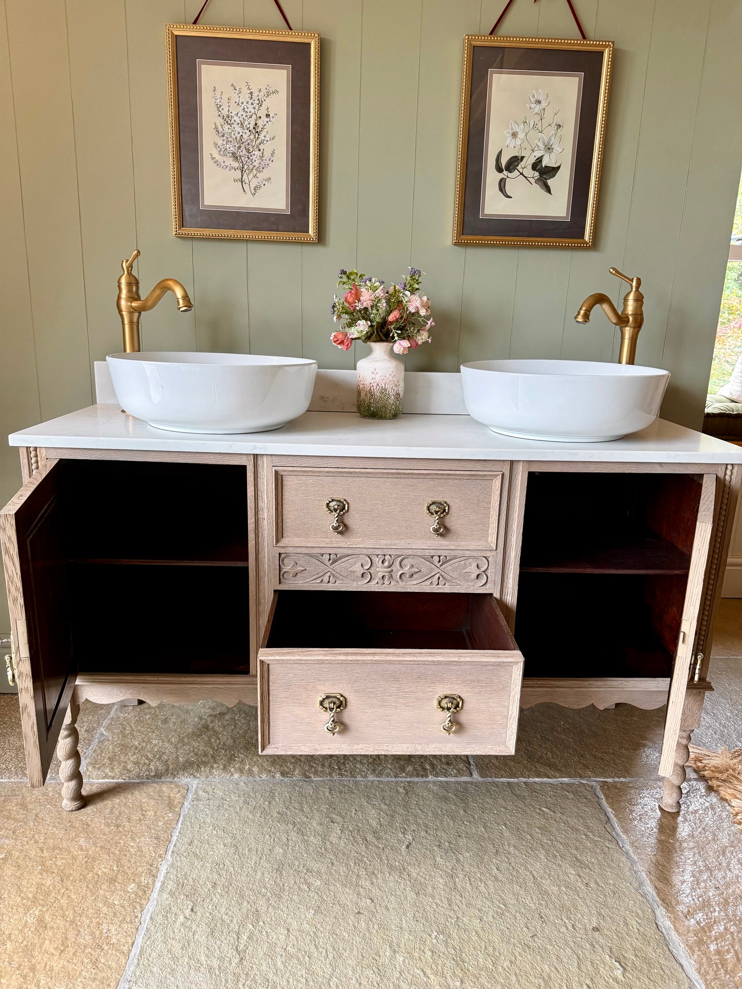 Vintage Solid Oak Double Vanity Sink, Carrara Quartz top and two basins. (137cm wide)