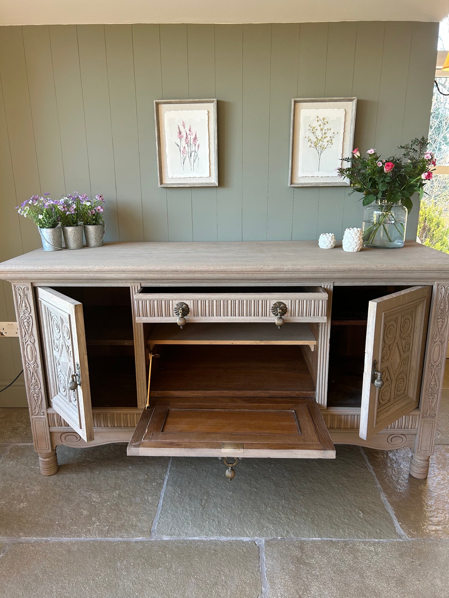 Large Vintage Weathered Oak Sideboard with Swirl Carvings and Brass Handles. Maple and Co.
