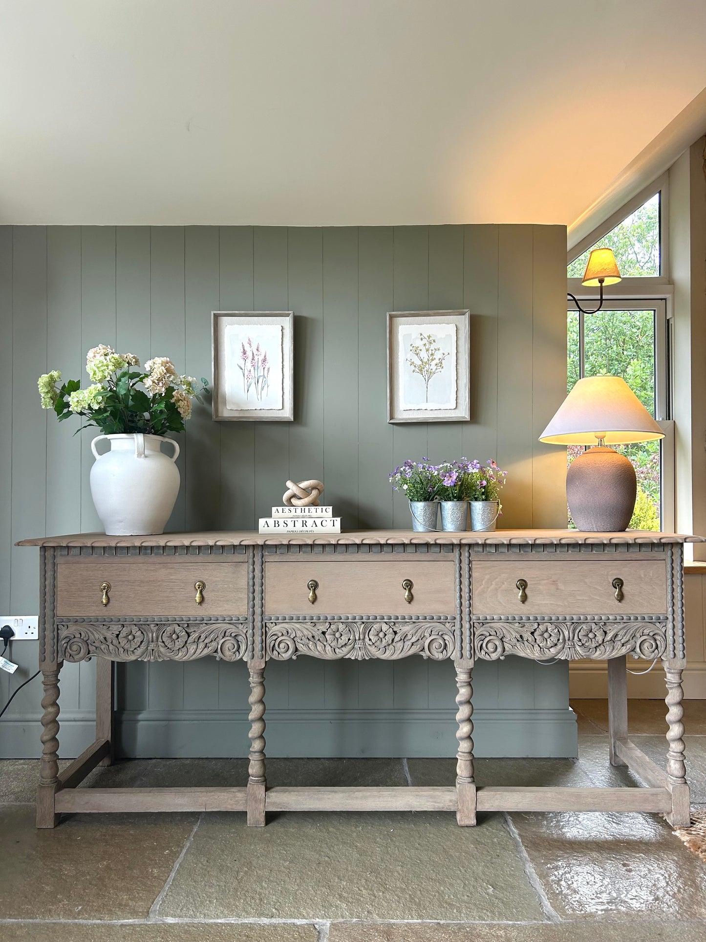 Large Carved Solid Oak Console Table finished in a weathered oak