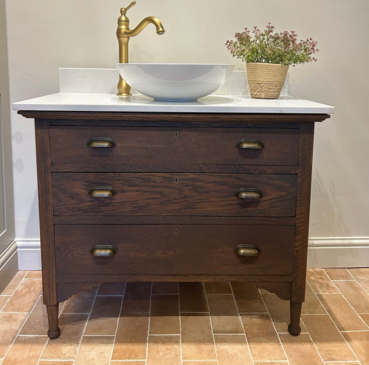 Single Solid Dark Oak Vanity Sink with quartz/marble top, basin and Upstand. 93.5cm wide