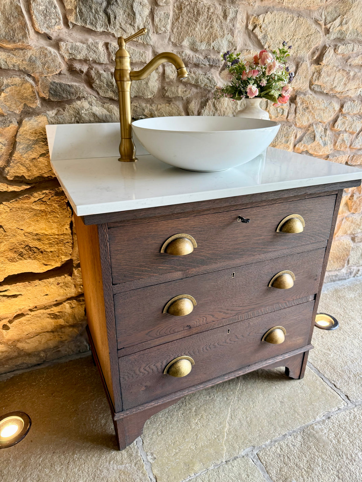 Vintage Solid Oak Vanity Sink Unit, in a Classic Dark Oak, Quartz Top, Upstand and Basin (79cm)