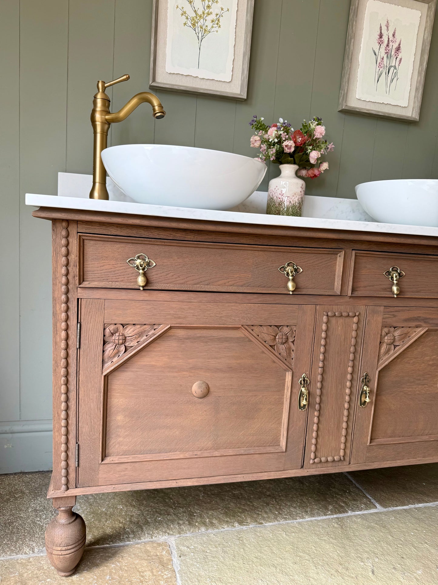 Beautiful Vintage  Double Vanity, Solid Oak, Carrara Quartz top, Upstand and Two basins.(139cm wide)