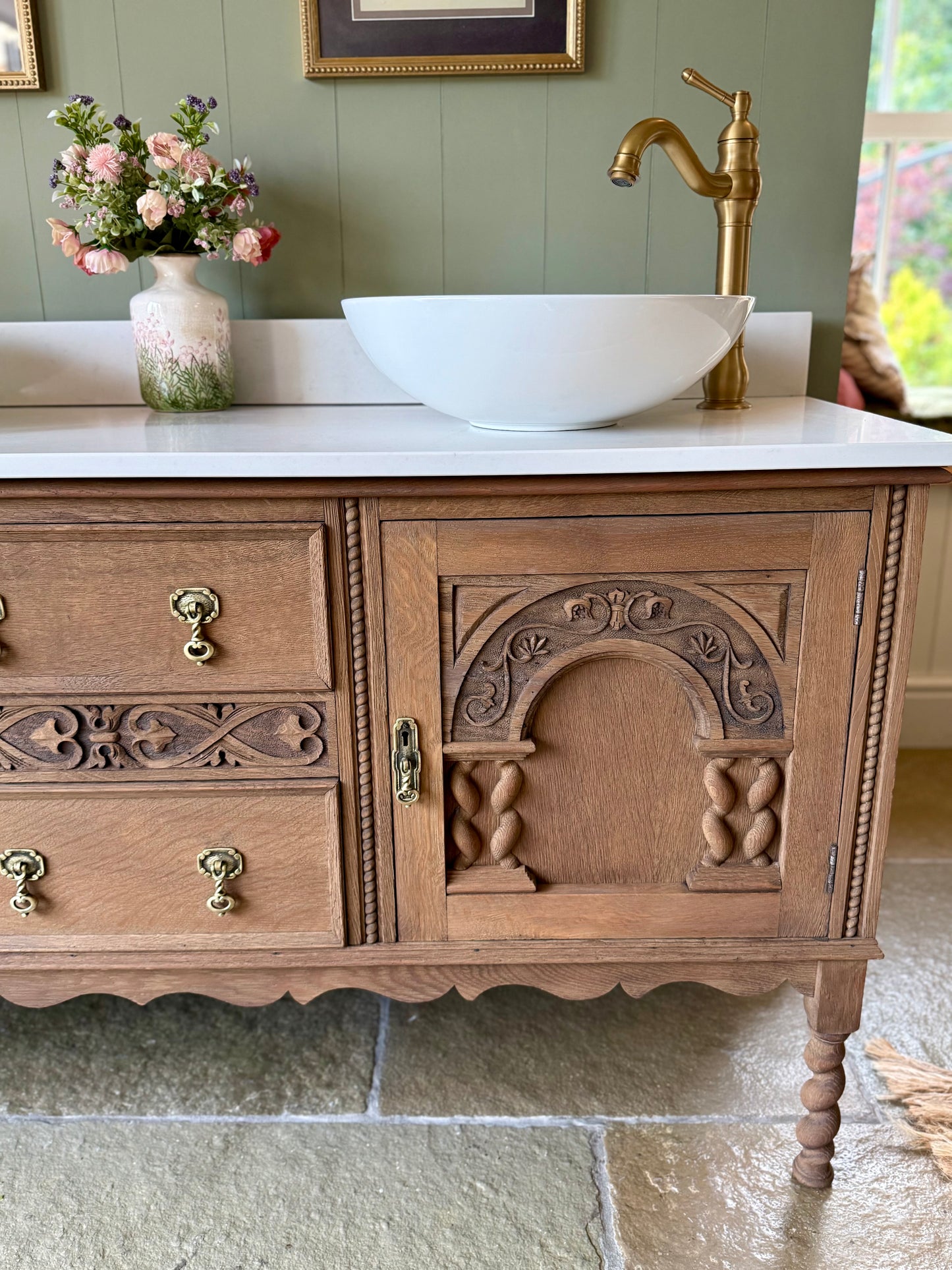 Large Oak Vanity Sink, Carrara Quartz top, Upstand and two basins. (154cm wide)