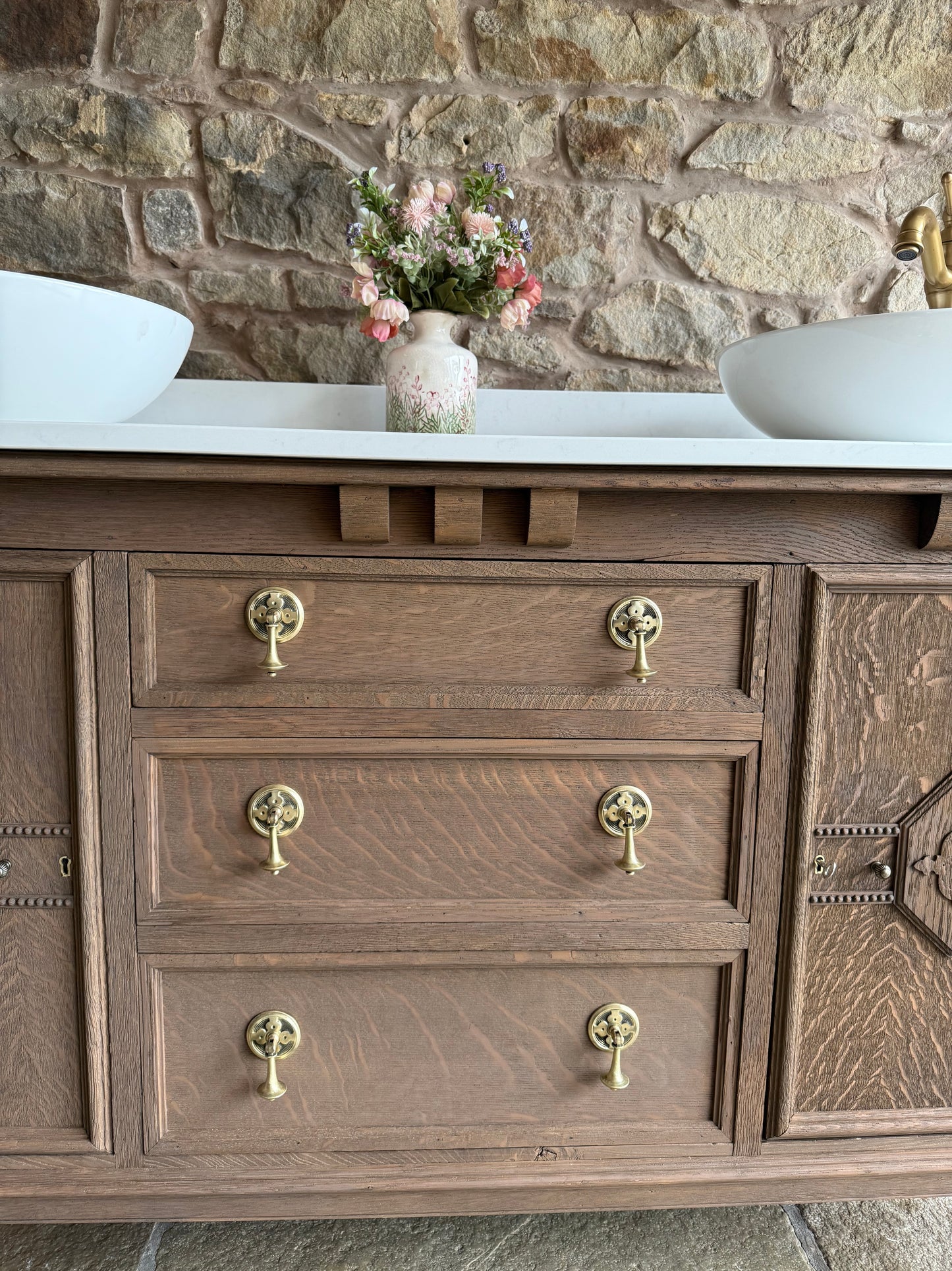 Vintage Solid Oak Vanity Sink, Quartz Top, Upstand and Basins (154cm wide)