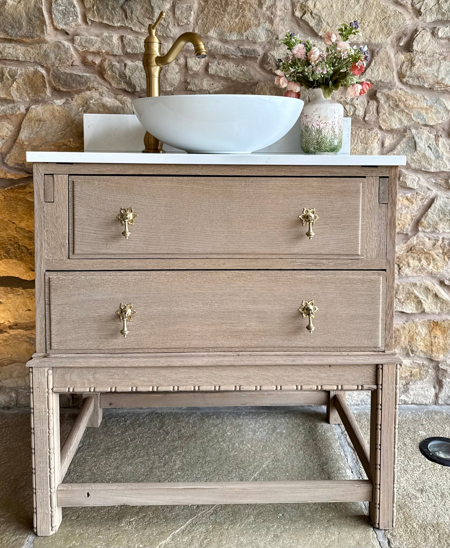 Small Vintage Oak Vanity Sink, Quartz Top, Upstand and Basin (75cm wide)