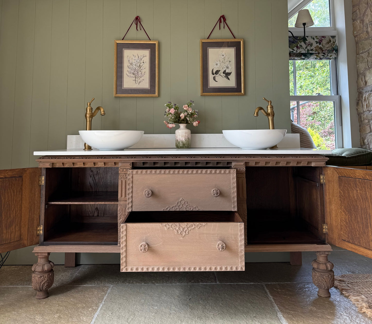 Large Antique Solid Oak Vanity Sink, Carrara Quartz top, Upstand and two basins. (168cm wide)