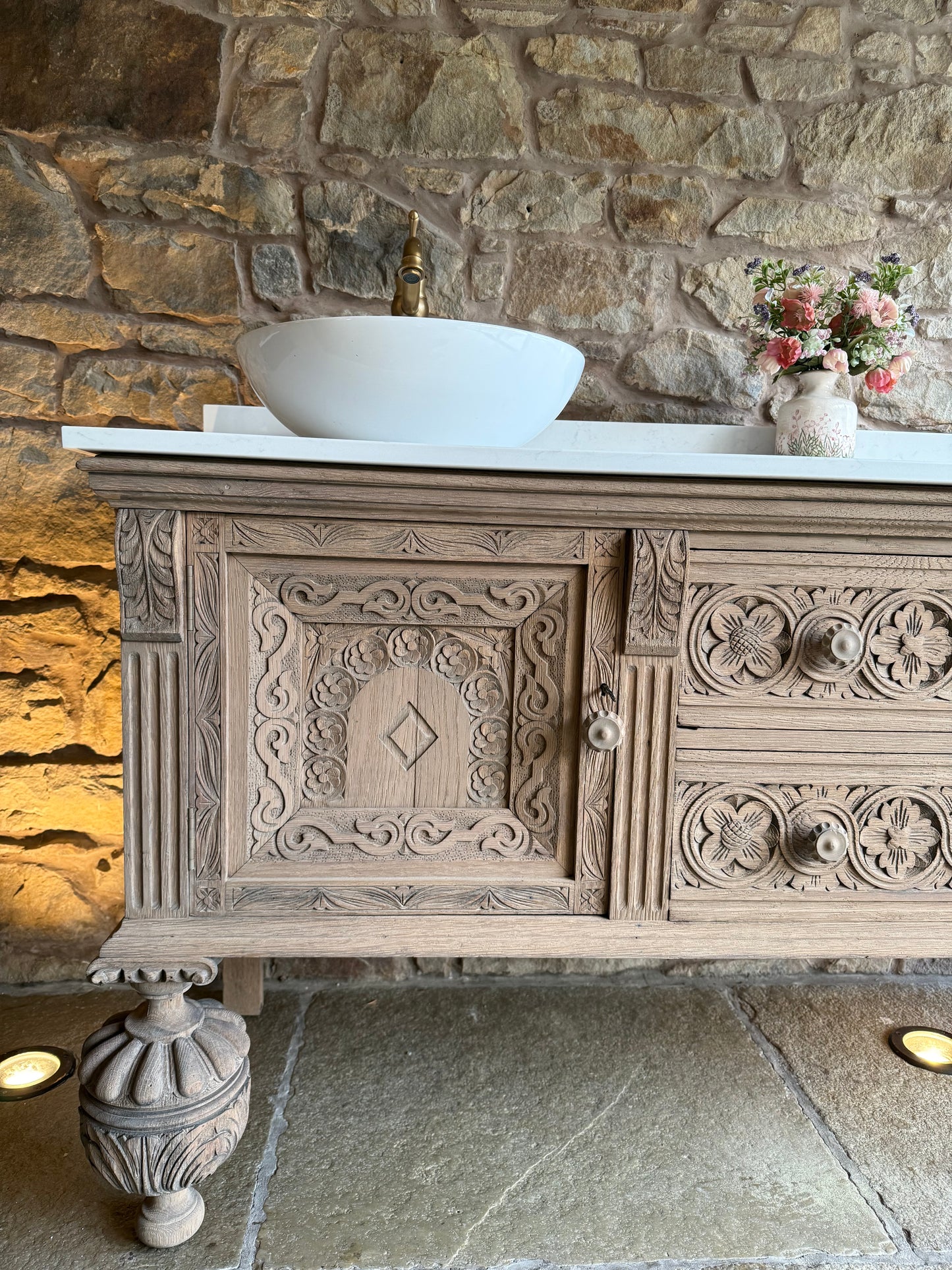 Antique Ornate Solid Oak large, double vanity Sink, Carrara Quartz top, Upstand and two basins. (185cm wide)