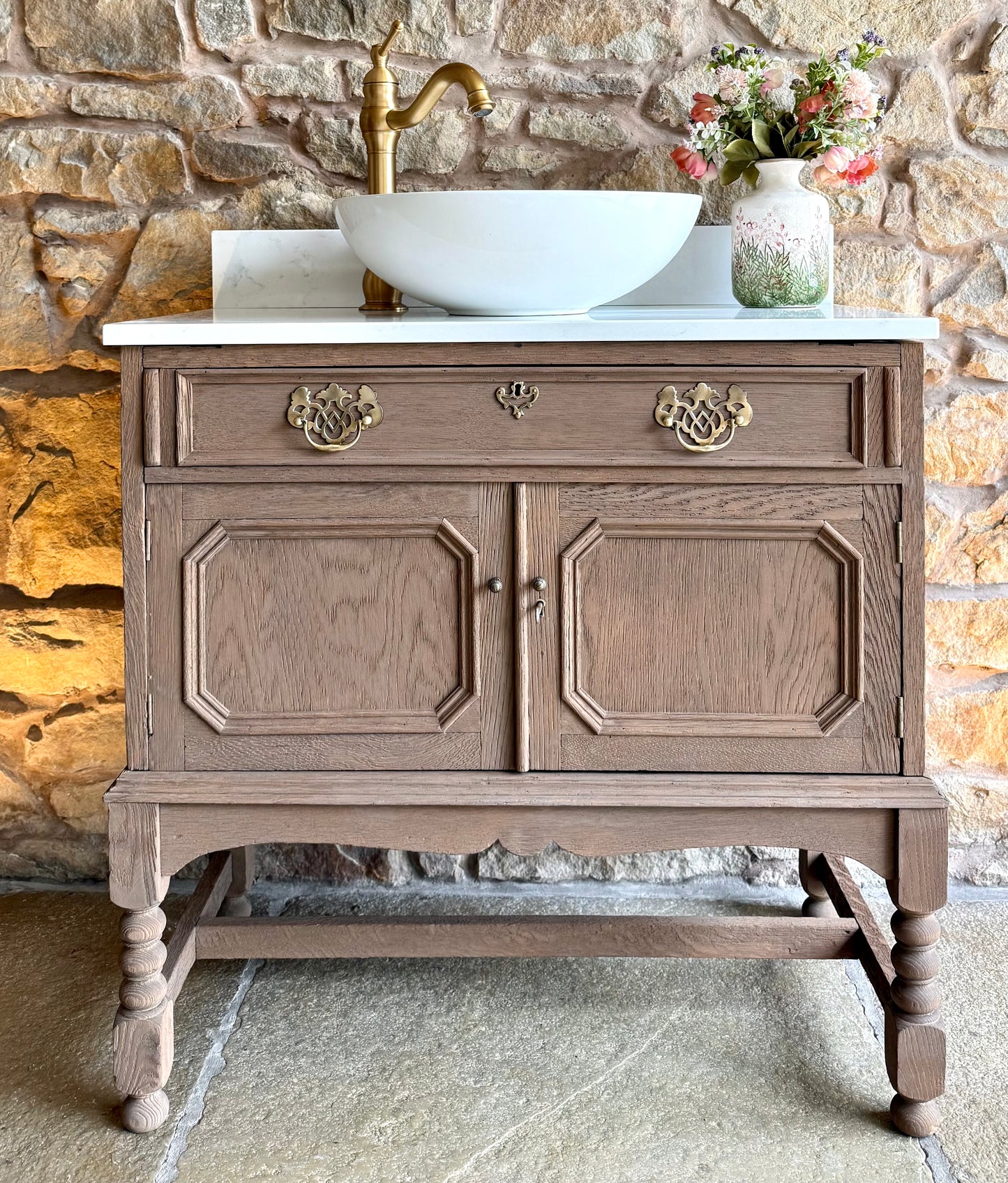 Solid Oak Vintage Vanity Sink Unit, Quartz Top, Upstand and Basin. (79cm wide)