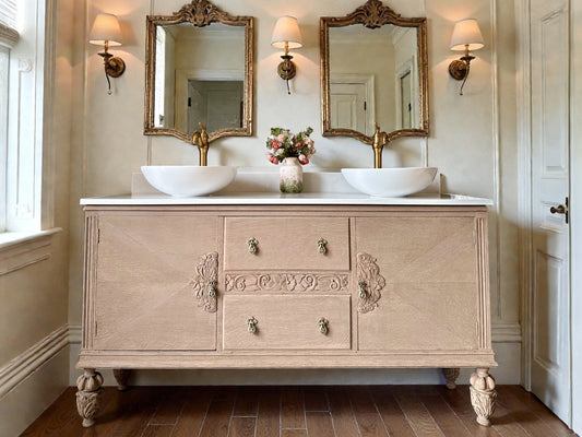 Beautiful, Vintage Solid Oak , Double Vanity Sink, Carrara Quartz top, Upstand and two basins (154.5cm wide)