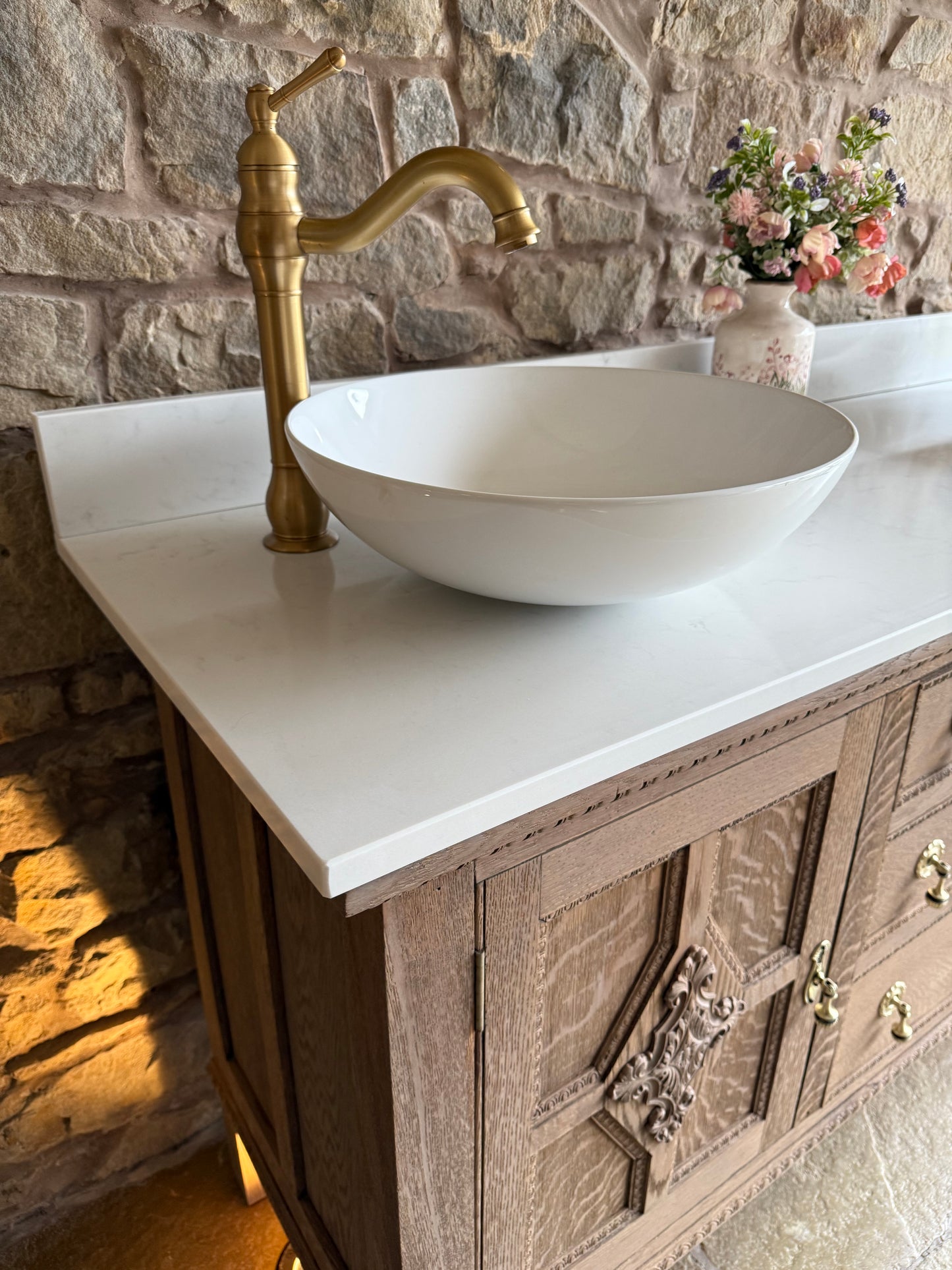Vintage Solid Oak Double Vanity Sink, Carrara Quartz Top, Upstand and Two Basins