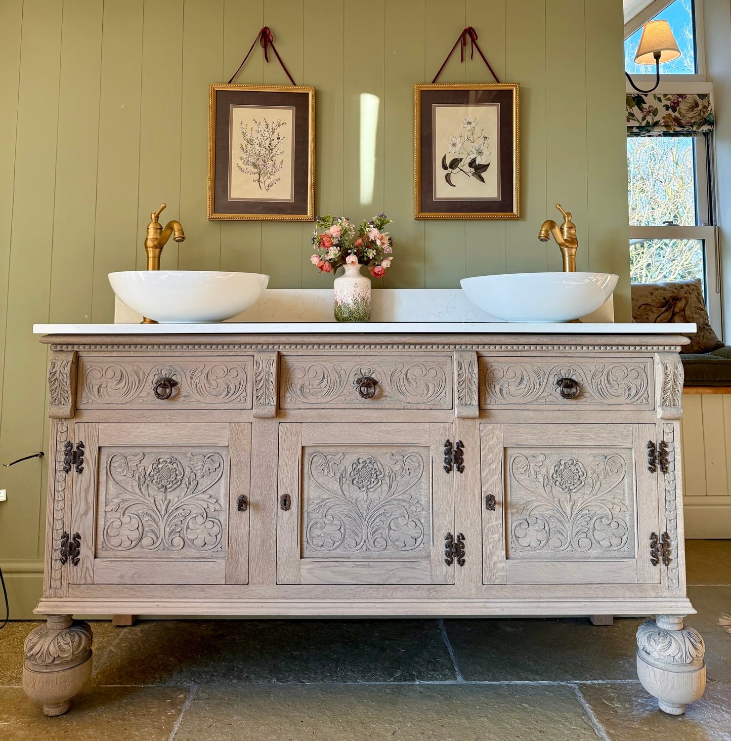 Solid Oak Vintage Double Vanity Sink Unit, Quartz top, Upstand and two basins