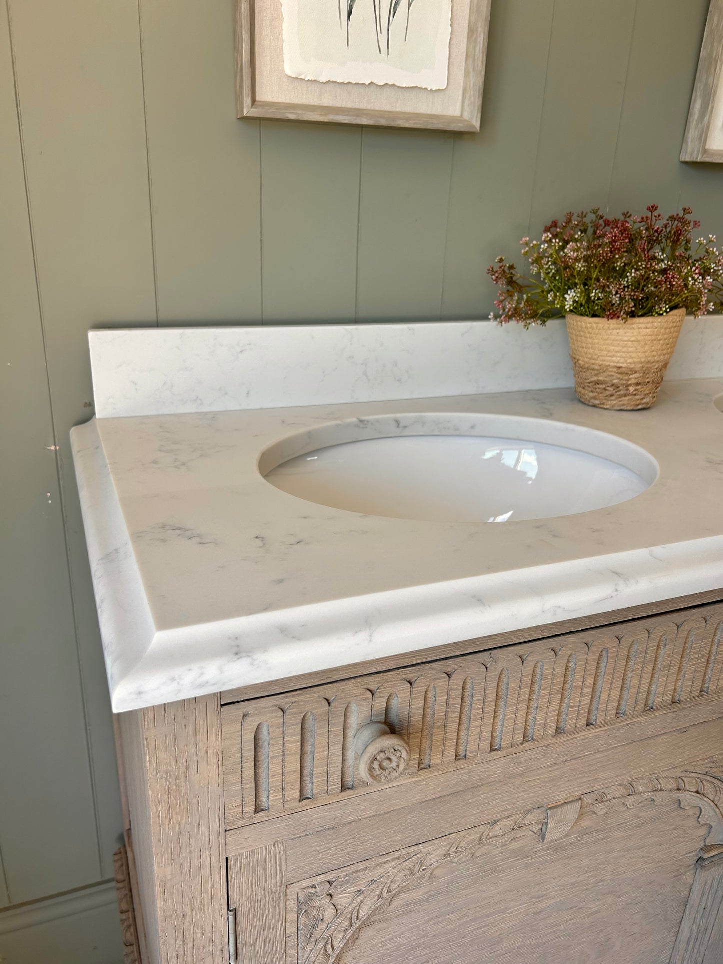 Vintage Light Oak Double Vanity Unit with undermount basins, Ogee edge and upstand.