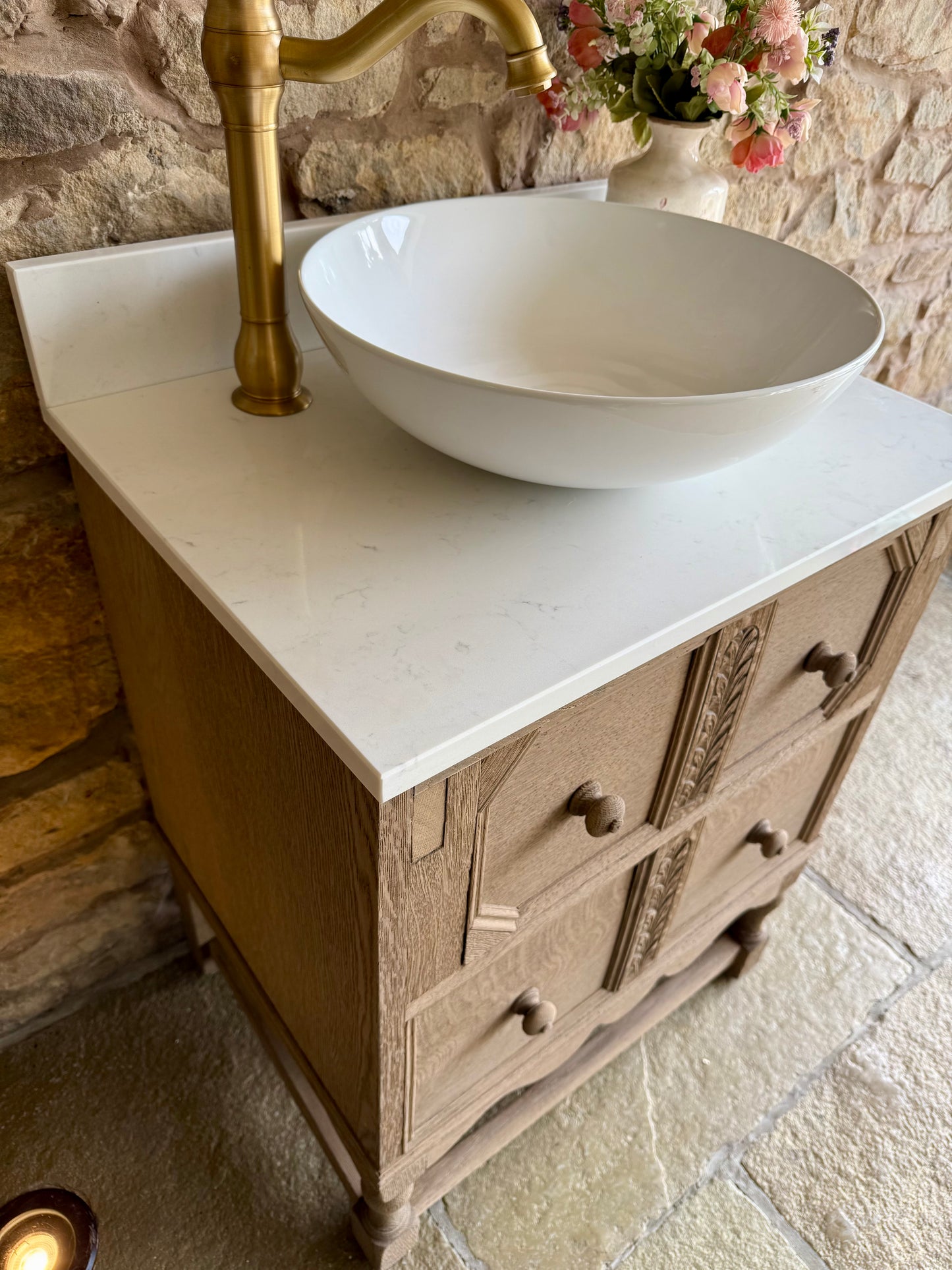 Small Vintage Oak Vanity Sink, Quartz Top, Upstand and Basin (63cm wide)