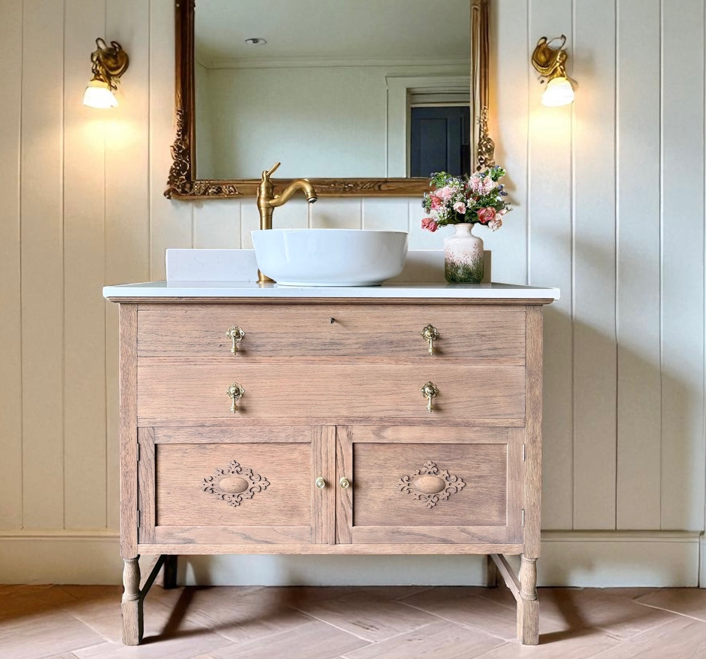 Vintage Single Vanity Sink (mid oak), Carrara Quartz top, Upstand and  basin (101cm wide)