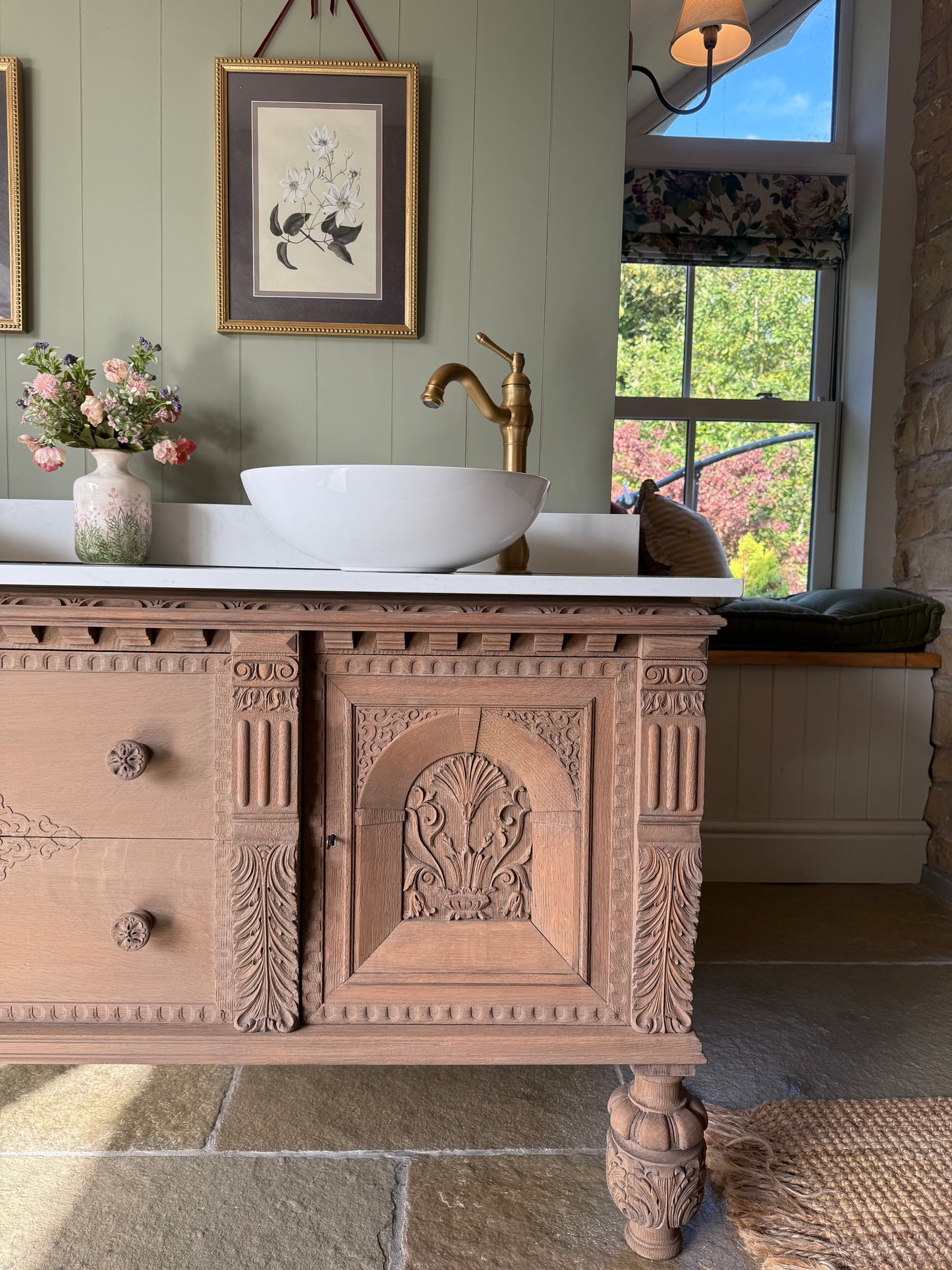 Large Antique Solid Oak Vanity Sink, Carrara Quartz top, Upstand and two basins. (168cm wide)