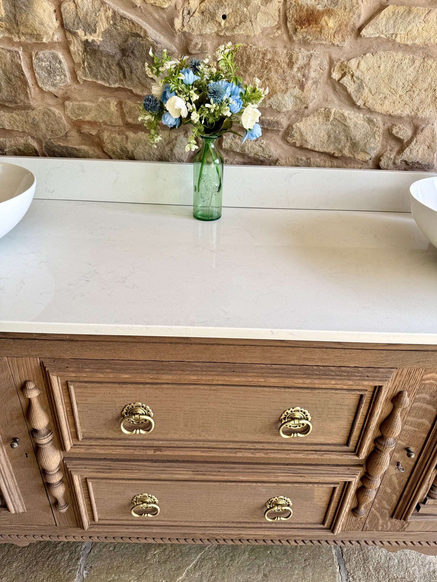 Large Vintage Double Oak Vanity Sink Unit, Quartz Top, Upstand and Basins (170cm wide)